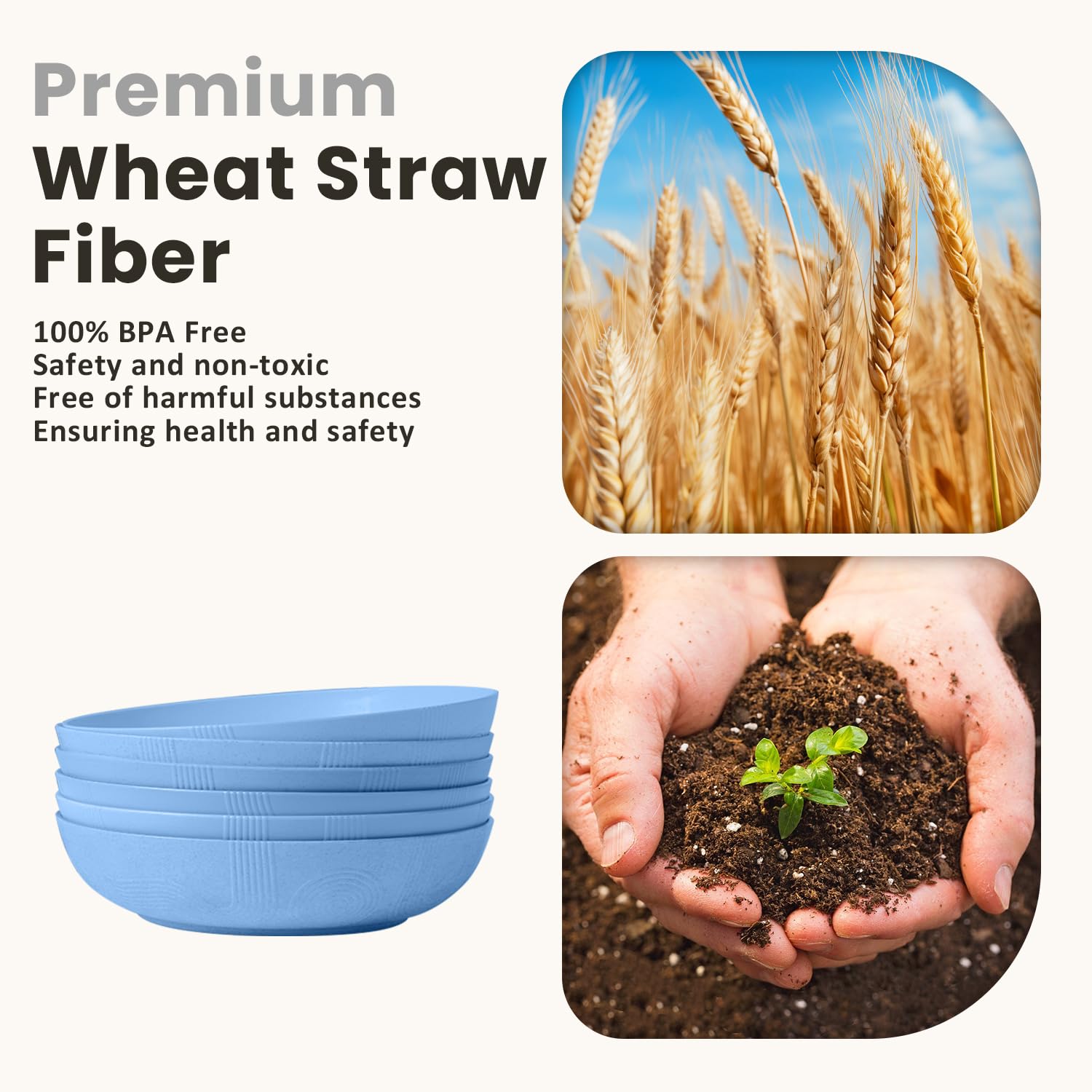 Eco-Friendly Wheat Straw Salad Bowls Set of 6 - 10 Inch Large Serving Bowls (65 oz) | Microwave & Dishwasher Safe Wide Shallow Bowls for Kitchen, Parties & Picnics - Sky Blue