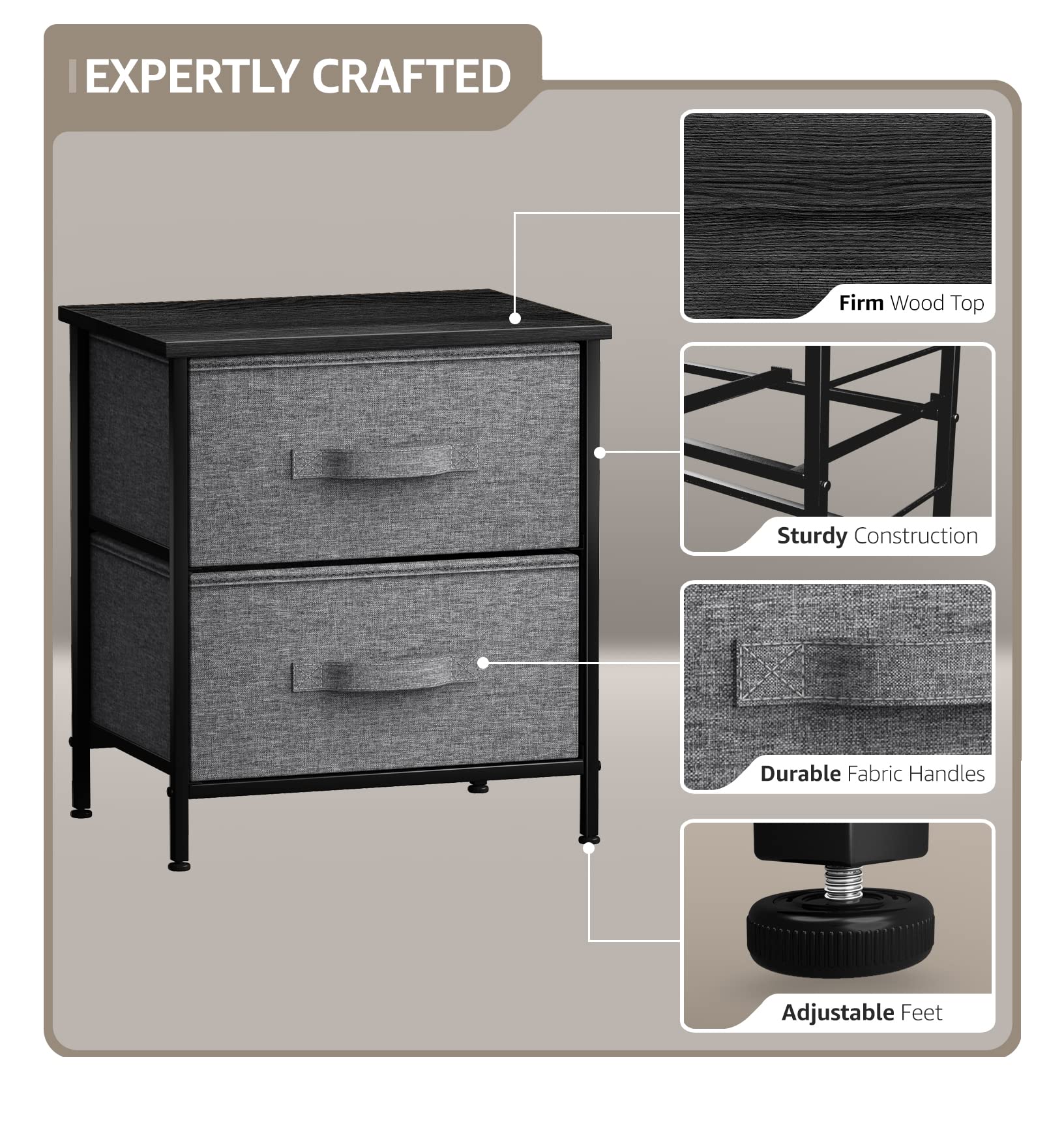 Sorbus 2-Drawer Nightstand with Steel Frame & Wood Top - Easy Pull Fabric Bins, Compact Bedside Table for Bedroom, Home & Office - Perfect for Small Spaces, Apartment Living & Guest Rooms