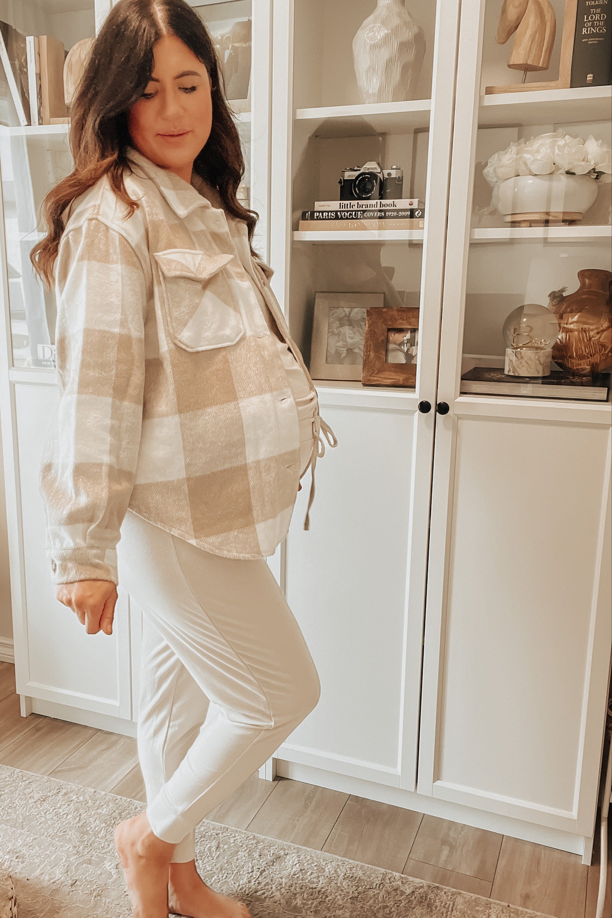 Beige Soft Knit Long Sleeve Maternity Set - Comfortable Pregnancy Outfit for Women | Perfect for Casual Wear, Nursing, and Maternity Photos