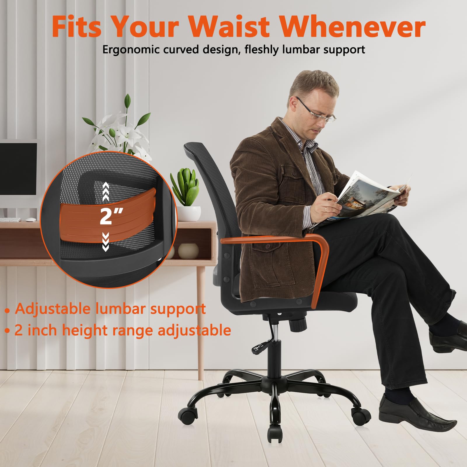 CLATINA Ergonomic Office Chair - Mid Back Mesh Computer Desk Chair with Adjustable Height & Lumbar Support, Rolling Swivel for Home Office, Black - Perfect for Long Work Hours & Gaming Sessions