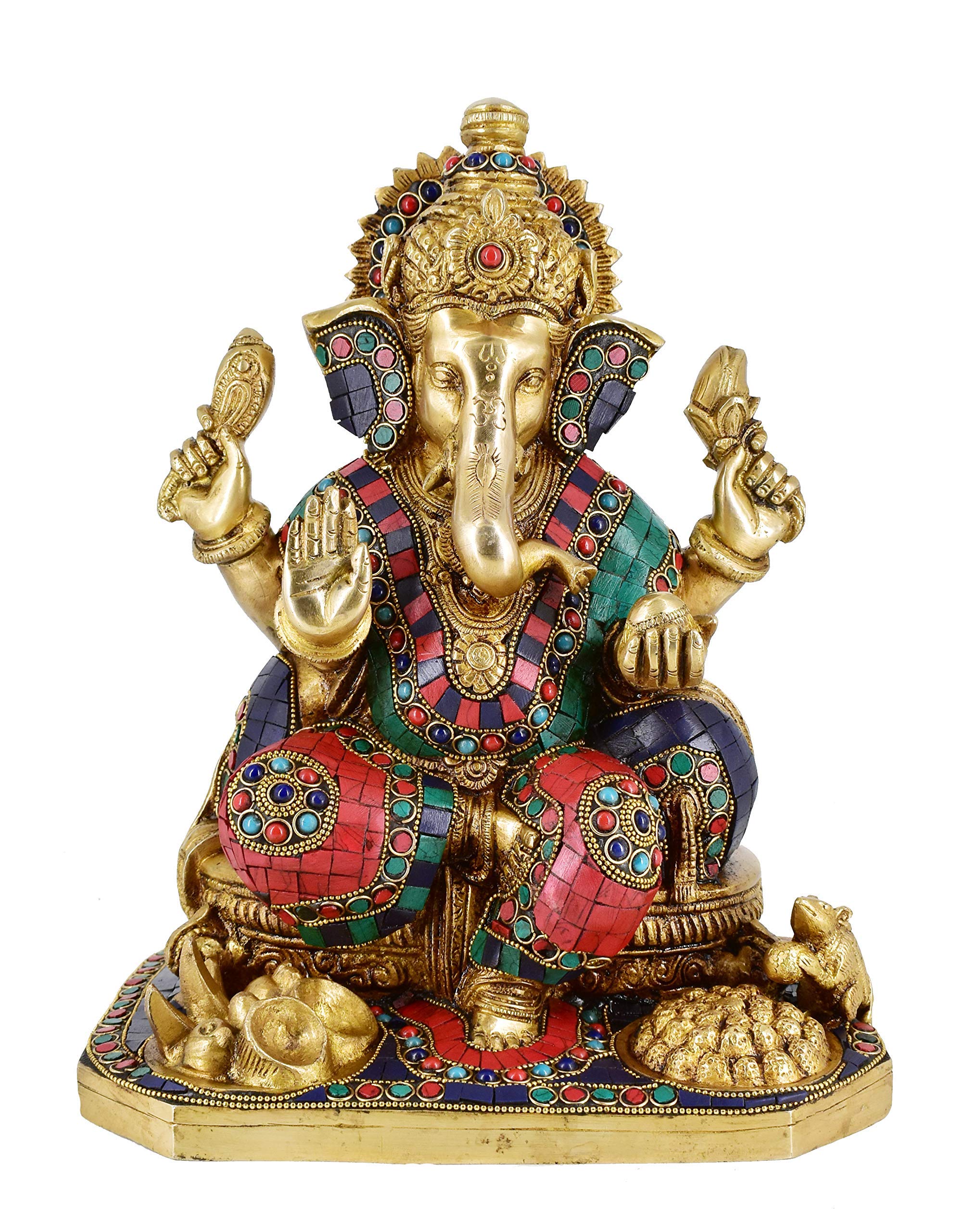 White Whale Large Ganesh Idol - Handcarved Brass Statue of Lord Ganesha with Turquoise Color - Elephant God Vinayak Deity Figurine - Perfect for Wedding Gifts, Home Altar Decor & Spiritual Meditation