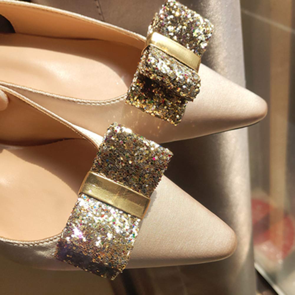 Douqu Glitter Bow Shoe Clips for Women - Gold Sparkling Artificial Leather Shoe Charms, Perfect for Parties, Weddings & Fashion Accessories