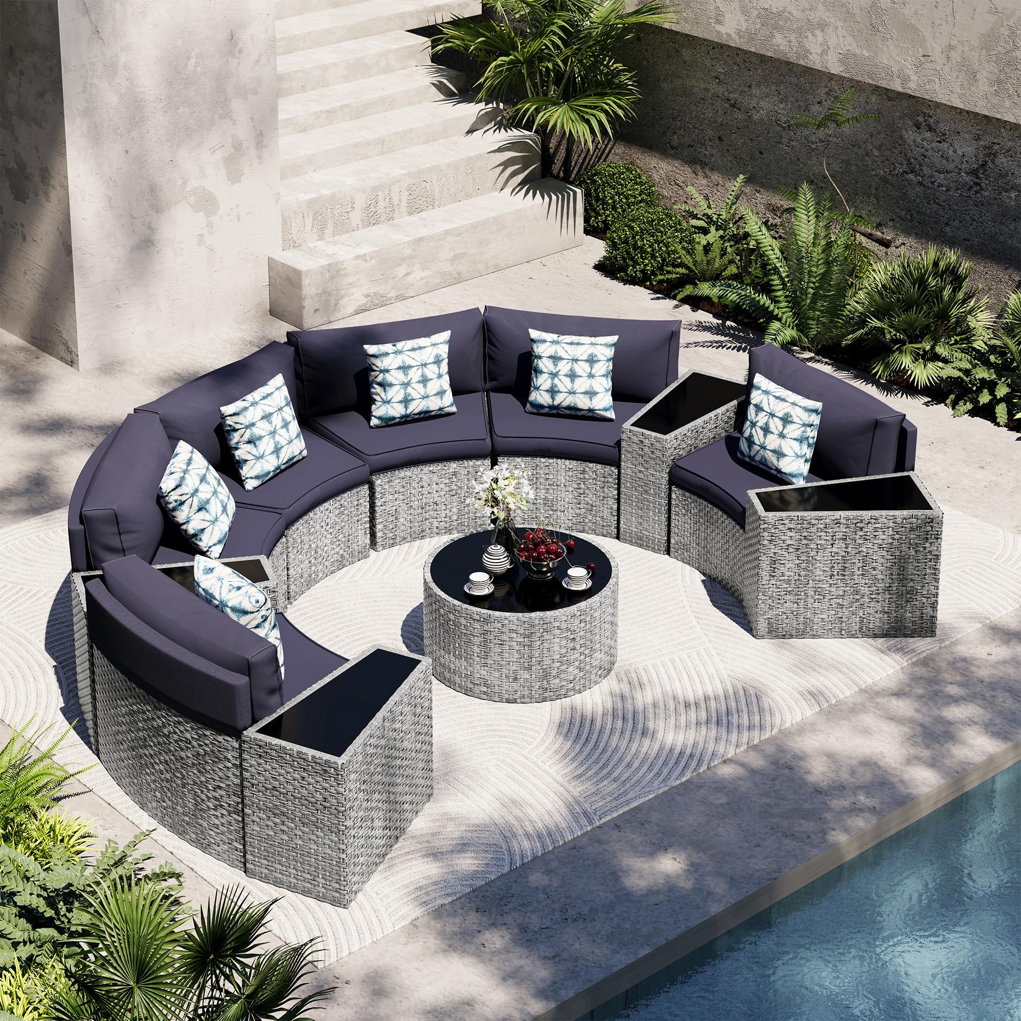 UDPATIO 11-Piece Fully Assembled Outdoor Sectional Sofa Set - Half-Moon Curved Modular Wicker Furniture with Round Coffee Table & Waterproof Cover - Heavy Duty Patio Furniture for Porch, Backyard, Garden - Blue | Perfect for Outdoor Entertaining & Relaxation