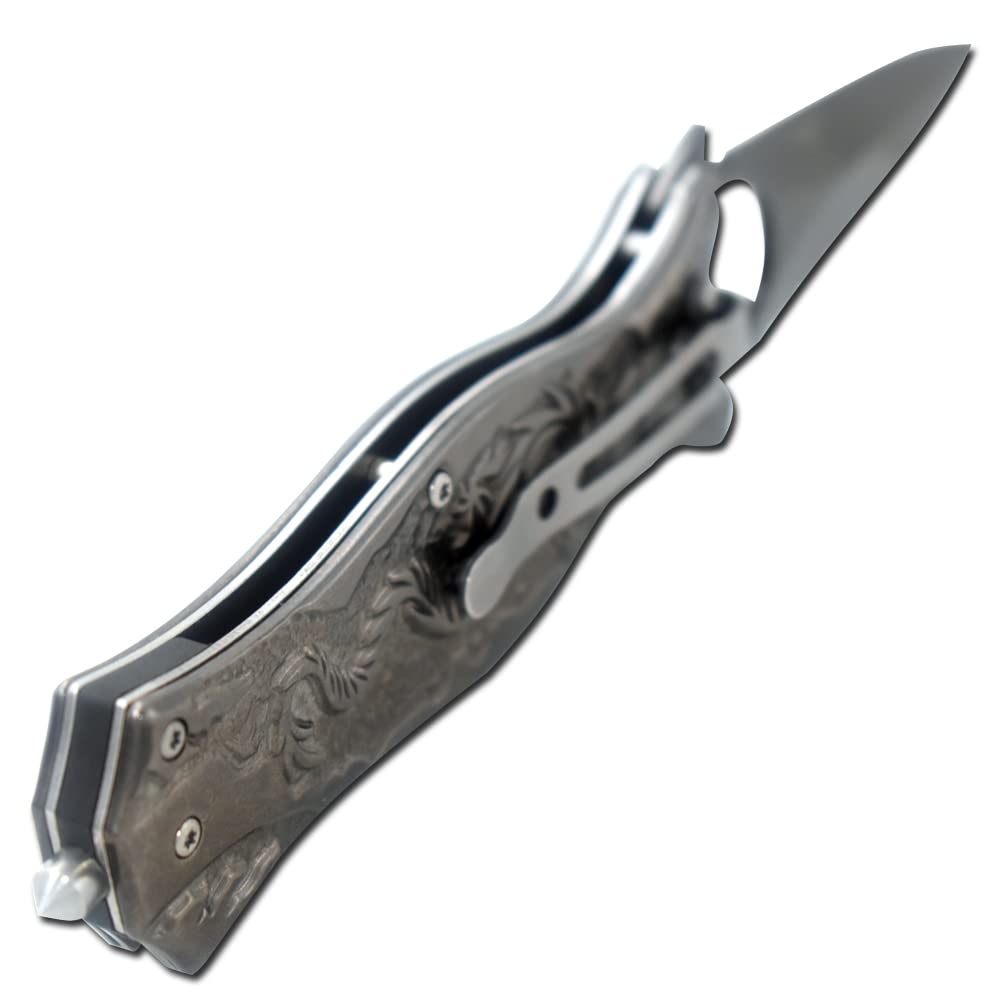 Tactical Folding Pocket Knife - Snake Eye Design with Half-Serrated Blade & Dragon Handle (Black) | EDC, Outdoor Survival, Camping, Hunting Gear