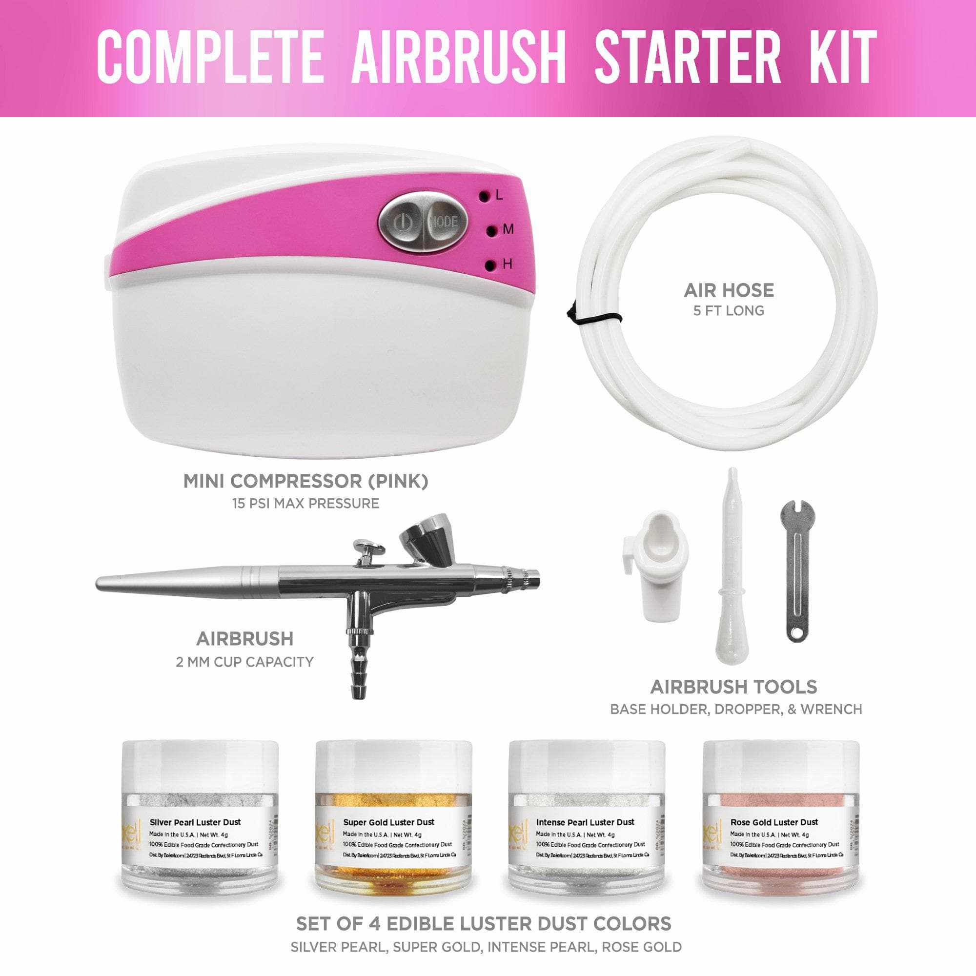 Professional Airbrush Kit - Bakell Airbrush Gun with 3 Nozzles & 6 Needles (Pink Edition) for Cake Decorating, Nail Art, Tattoo Practice & Model Painting