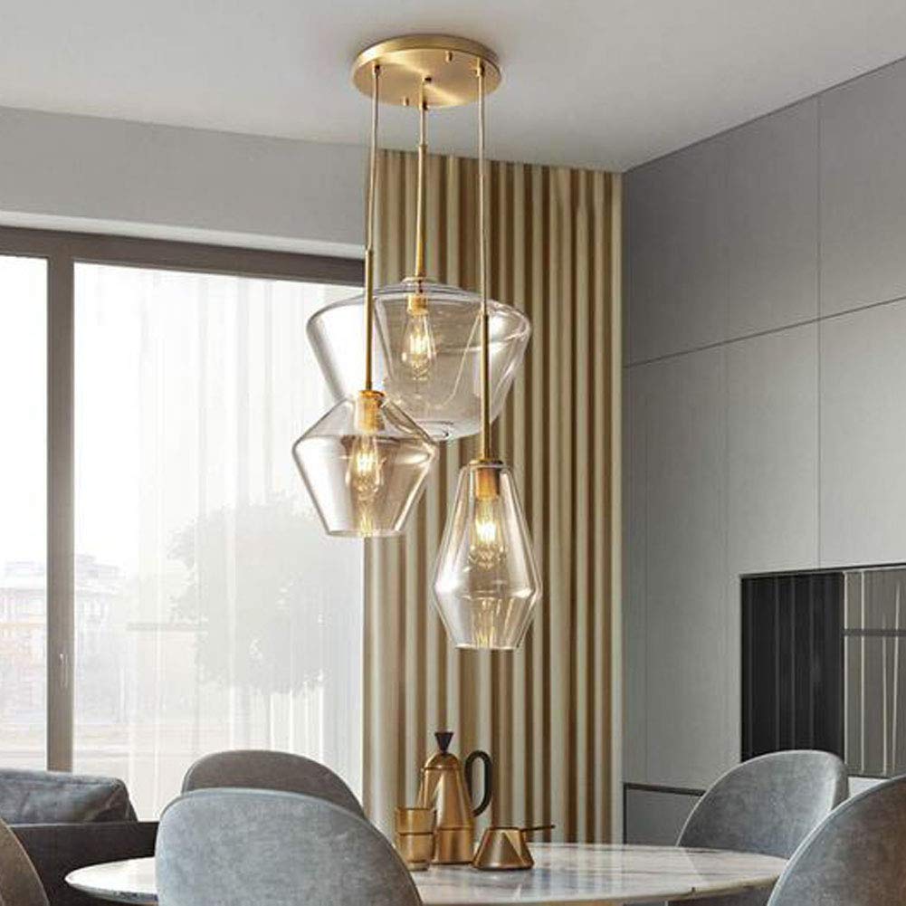 Modern Gold Chandelier Ceiling Light Fixture - 3 Amber Glass Lampshade Pendant Lighting for Kitchen Island, Dining Room, Living Room & Hotel | Flush Mount Hanging Lamp for Stylish Home & Commercial Spaces