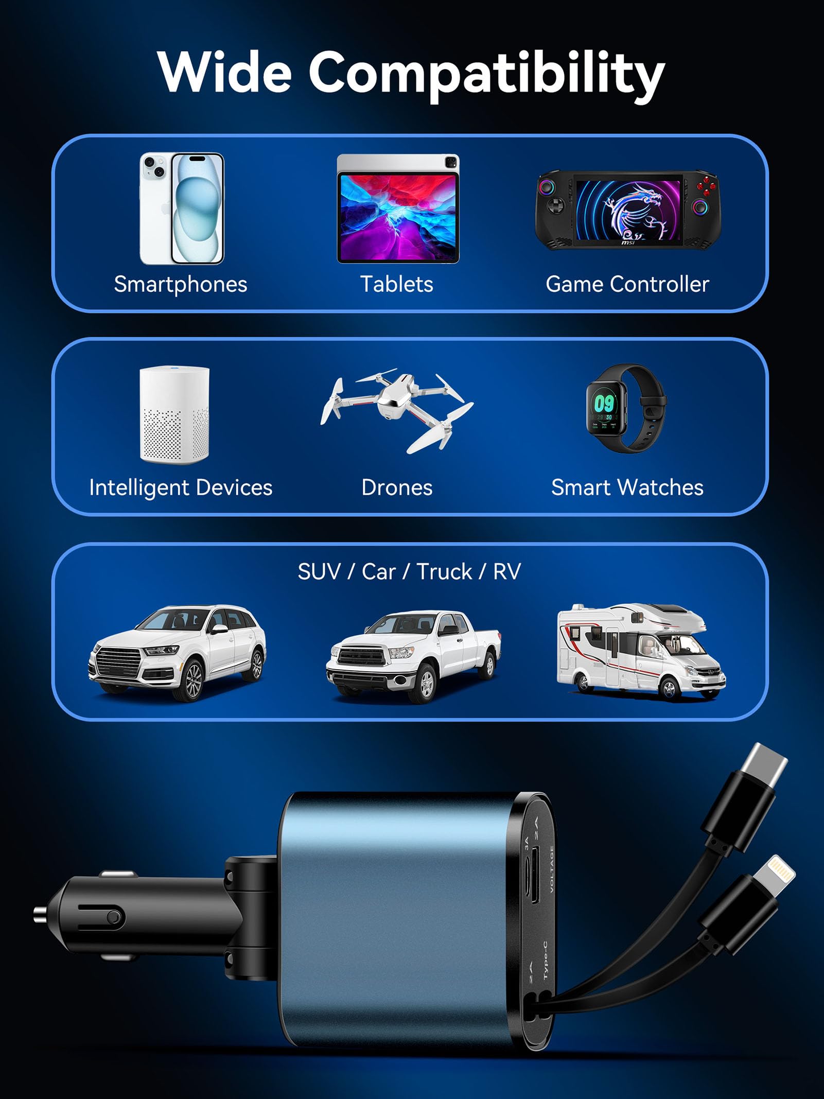 66W Fast Retractable Car Charger with USB C Ports - 4-in-1 Smart Phone Charger Adapter for iPhone & Android - Perfect for Road Trips, Commuting & Emergency Charging