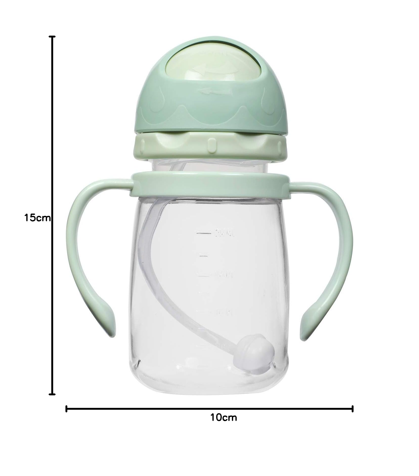 Spill-Proof Kids Water Bottle with Gravity Ball Straw & Handles - 250ml Transparent Green Baby Cup | Ideal for Toddlers, Daycare, Travel & Outdoor Activities