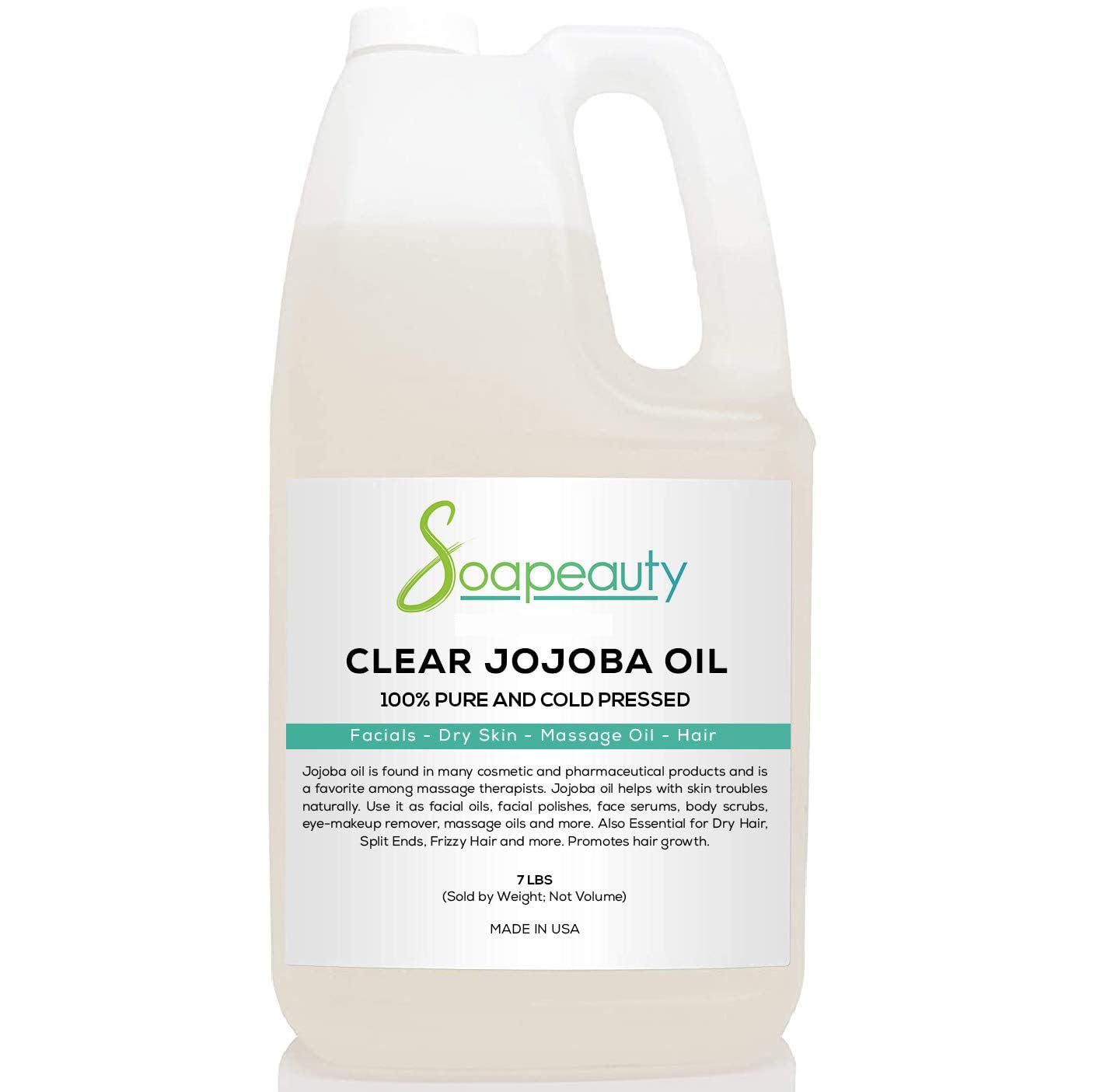 Pure & Natural Soapeauty Clear Jojoba Oil - 100% Cold Pressed, Hexane Free, Refined Moisturizing Oil for Skin, Face, Hair & Nails - 7 Pound Bulk Size for DIY Beauty, Massage Therapy & Aromatherapy
