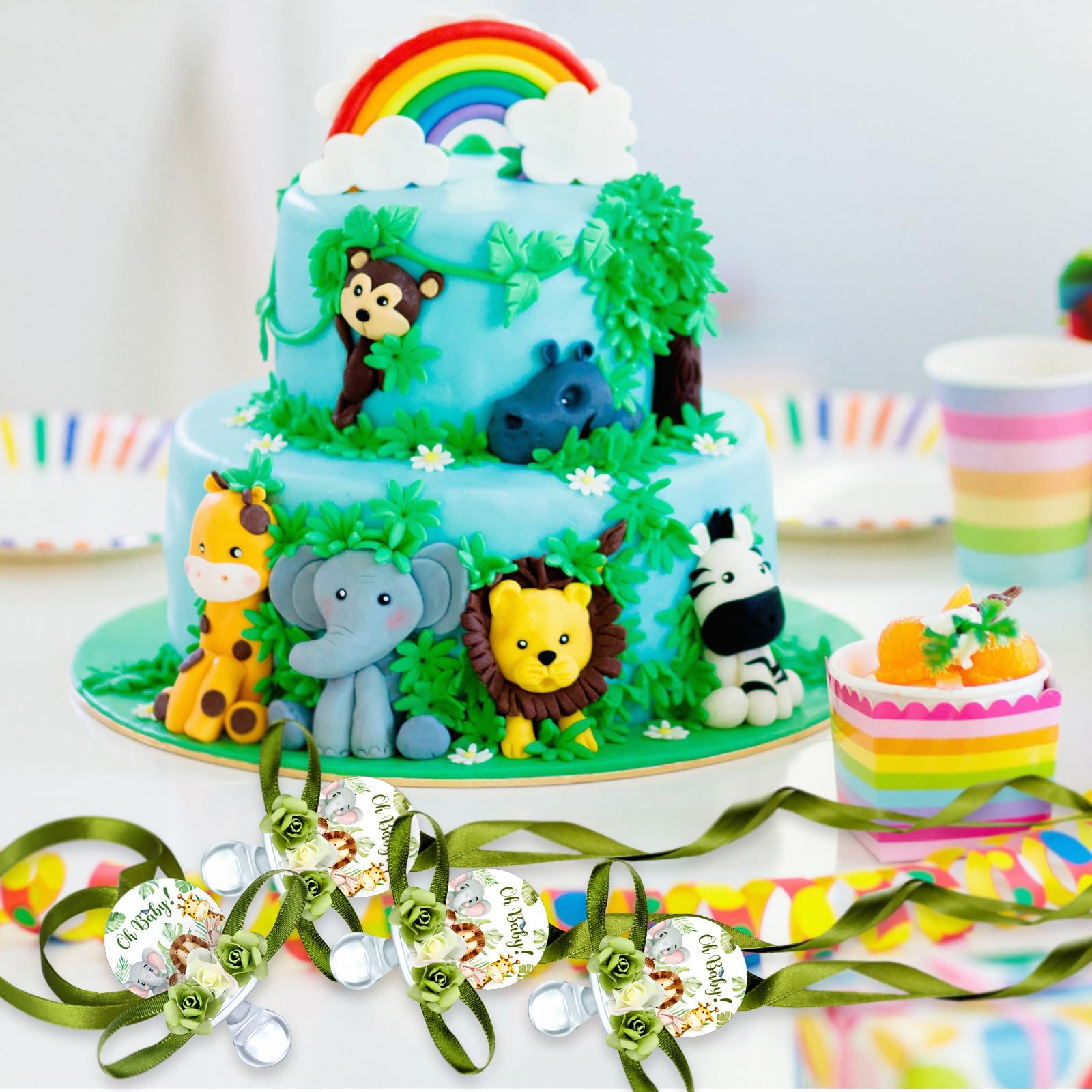 Quelay 60 Pcs Baby Shower Pacifier Necklace Set - Cute Jungle Animal Acrylic Pacifiers with Floral Designs for Baby Shower Decorations, Party Favors & Table Centerpieces - Perfect for Baby Showers, Gender Reveals & Newborn Celebrations