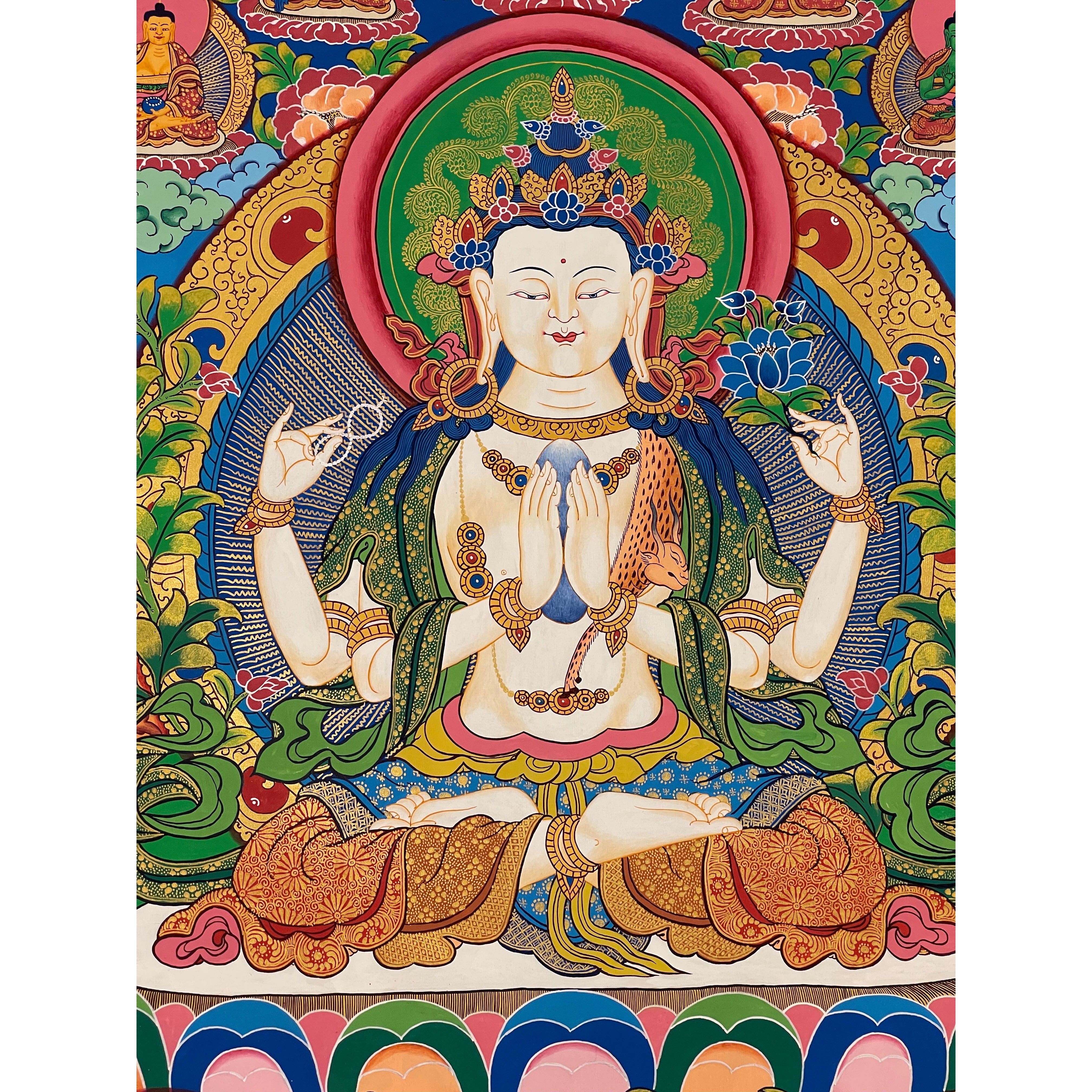 Exquisite Chenrezig Masterpiece Large Thangka Painting - Tibetan Buddhist Wall Art for Meditation & Spiritual Decor