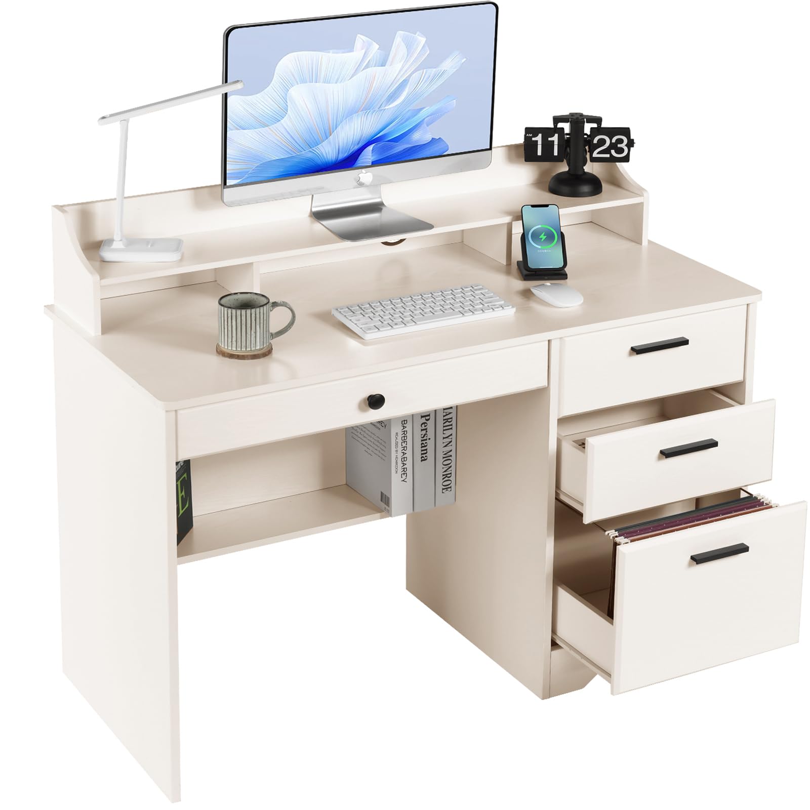 Farmhouse Style Computer Desk with Drawers & Hutch - Solid Wood Writing Desk for Home Office, Study & Small Spaces - Includes File Storage - Perfect for Bedroom, Dorm or Workspace (Milky White)