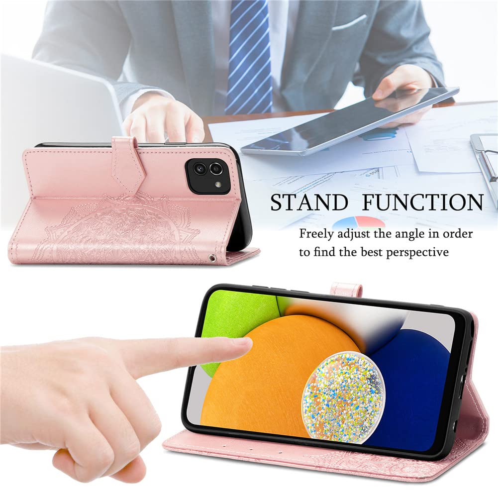Samsung Galaxy A03 Case 5G - Leather Wallet Flip Cover with Magnetic Closure, Shockproof Protection, Card Slots & Stand Feature | Perfect for Daily Use, Travel & Business (SD Mandala Rose Gold)