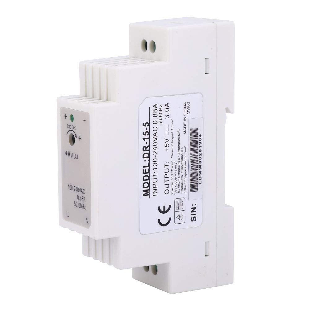 DIN Rail Power Supply 15W 5V 3A, AC/DC 100-240V Input, Single Phase Output Switching Power Supply for Industrial Control Cabinet Equipment - Perfect for Automation Systems, PLCs, and Electrical Enclosures
