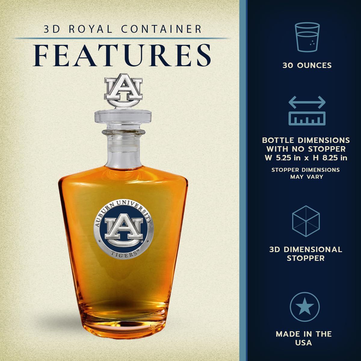 Auburn Royal Decanter with 3D Stopper | 30oz Whiskey Decanter Set | Handcrafted Pewter Glass Wine Pourer for Bourbon, Scotch & Liquor | Elegant Home Bar & Gift Idea