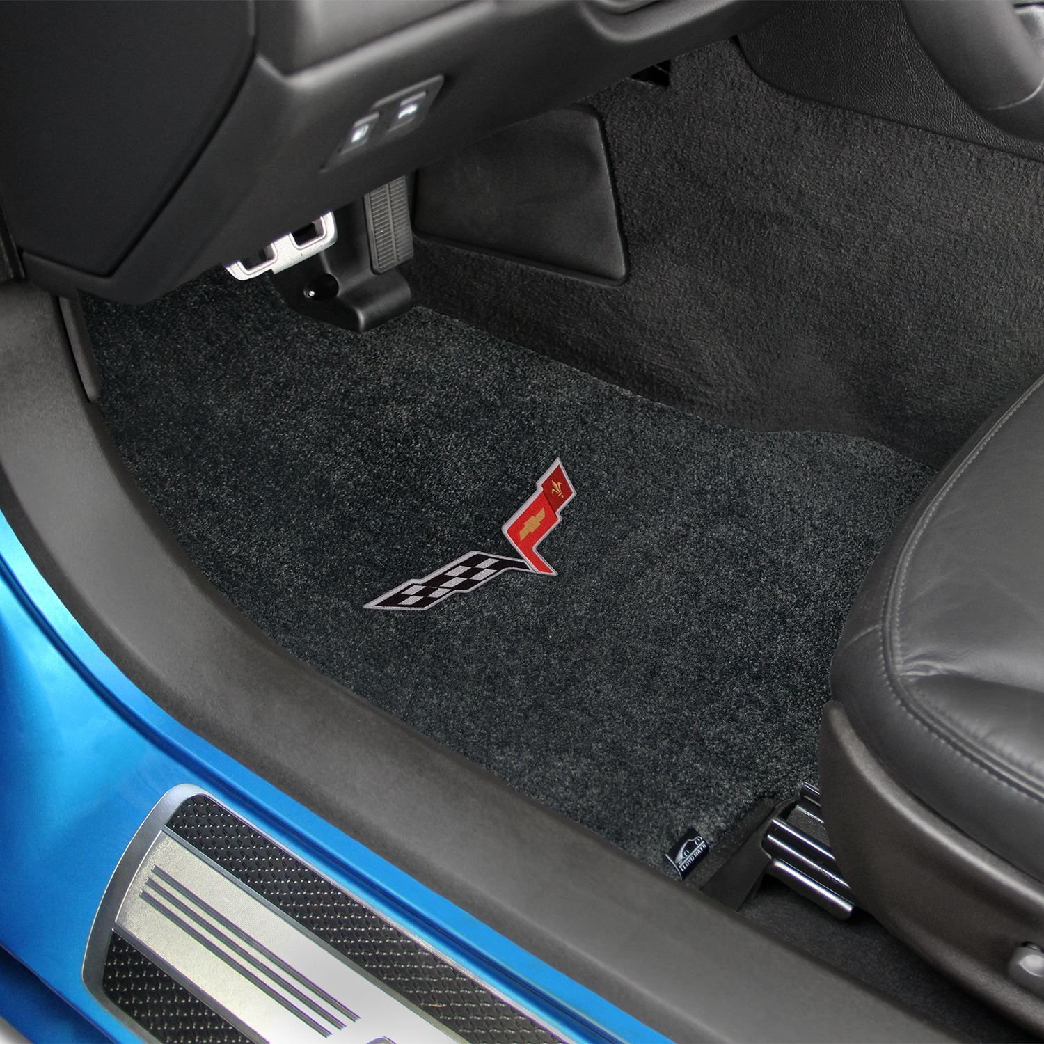 2005-2006 C6 Corvette Ebony Black Car Floor Mats with Crossed Flags Logo - Premium Custom Fit Floor Liners for Chevrolet Corvette - Perfect for Daily Driving & Car Shows