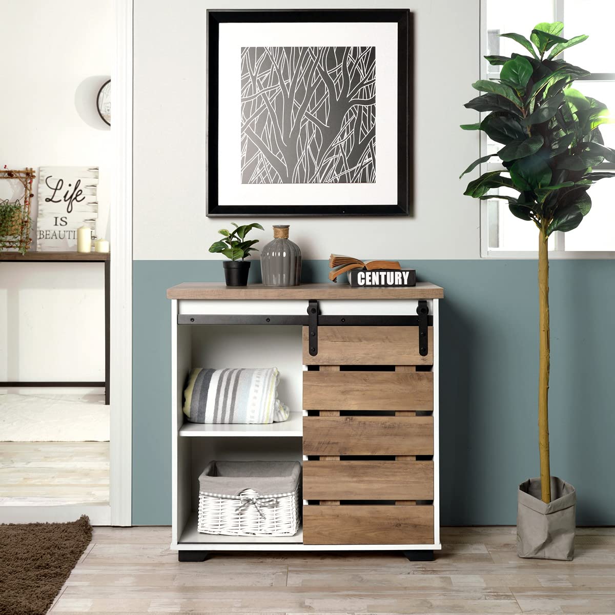 Farmhouse Storage Cabinet with Sliding Barn Door - Wood Accent Buffet Cabinet for Kitchen, Entryway, Bar & Home Office - Adjustable Shelves, Light Brown - Perfect for Dining Room Storage & Rustic Home Decor