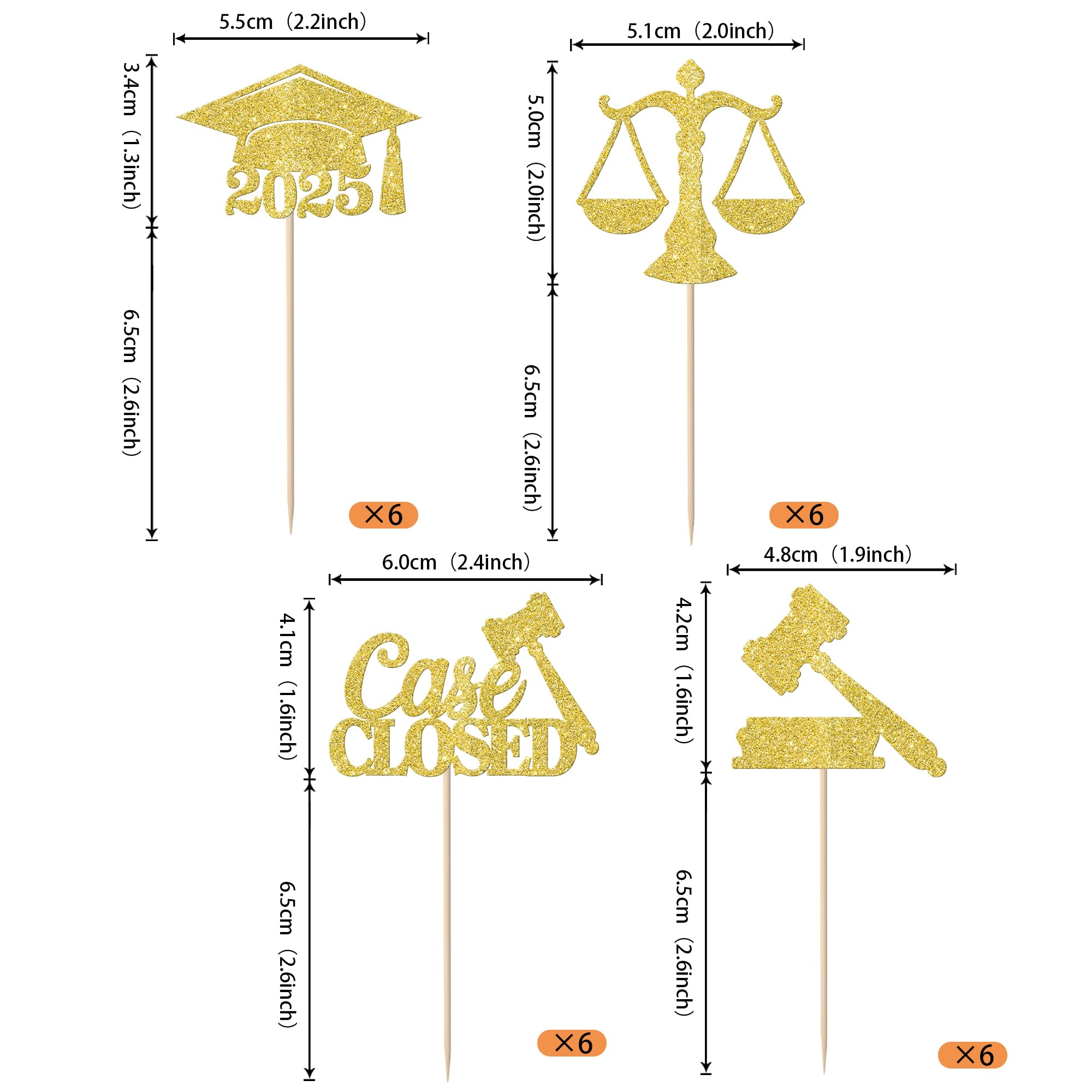 24 Pack Class of 2025 Graduation Cupcake Toppers - Gold Glitter Law School Grad Cap Picks for Lawyer Graduation Party Decorations - Perfect for 2025 Graduation Cakes, Desserts & Celebration Supplies