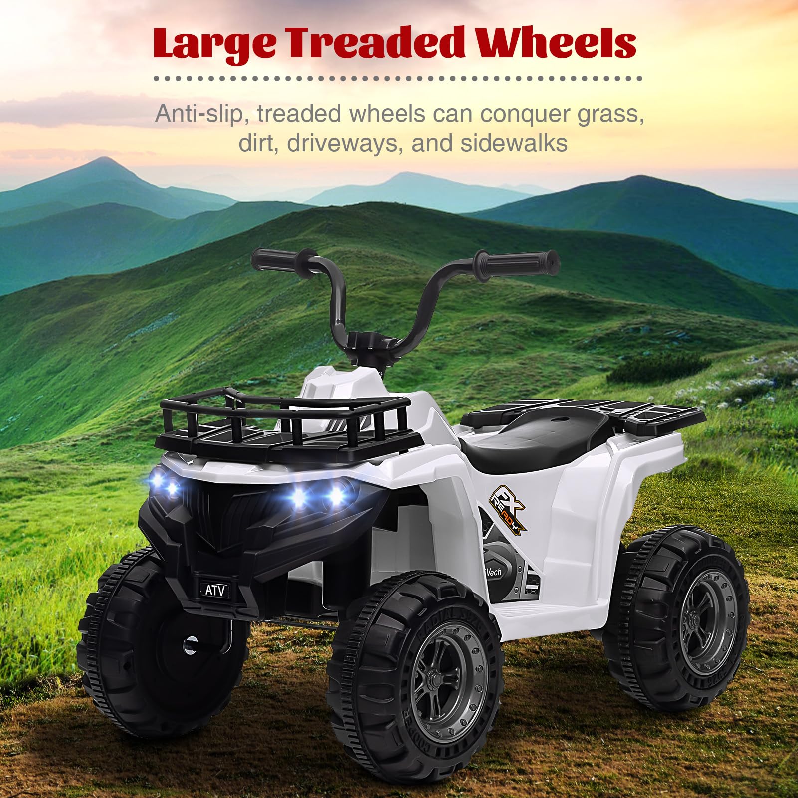 GARVEE 12V Kids Electric ATV Quad Ride-On Car Toy with Bluetooth Audio, 2 Speed Modes, LED Headlights & Battery Indicator - Orange & White - Perfect for Outdoor Play, Birthday Gifts and Backyard Adventures
