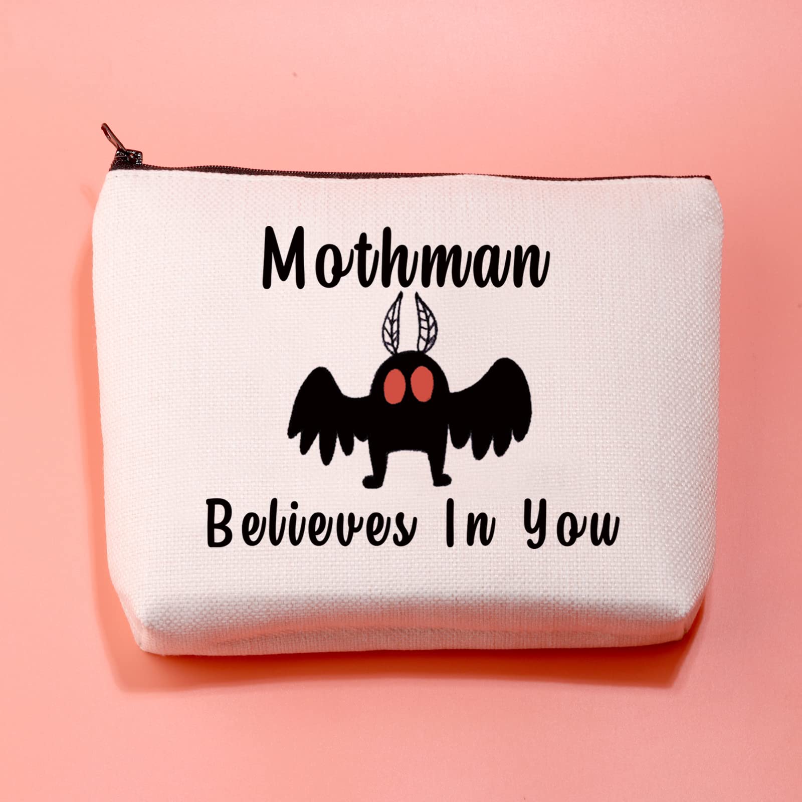 Funny Cryptid Mothman Makeup Bag - Mothman Believes In You - Unique Mothman Folklore Book Lover Gift for Cryptozoology Fans - Perfect for Cosmetics, Travel & Gothic Themed Parties