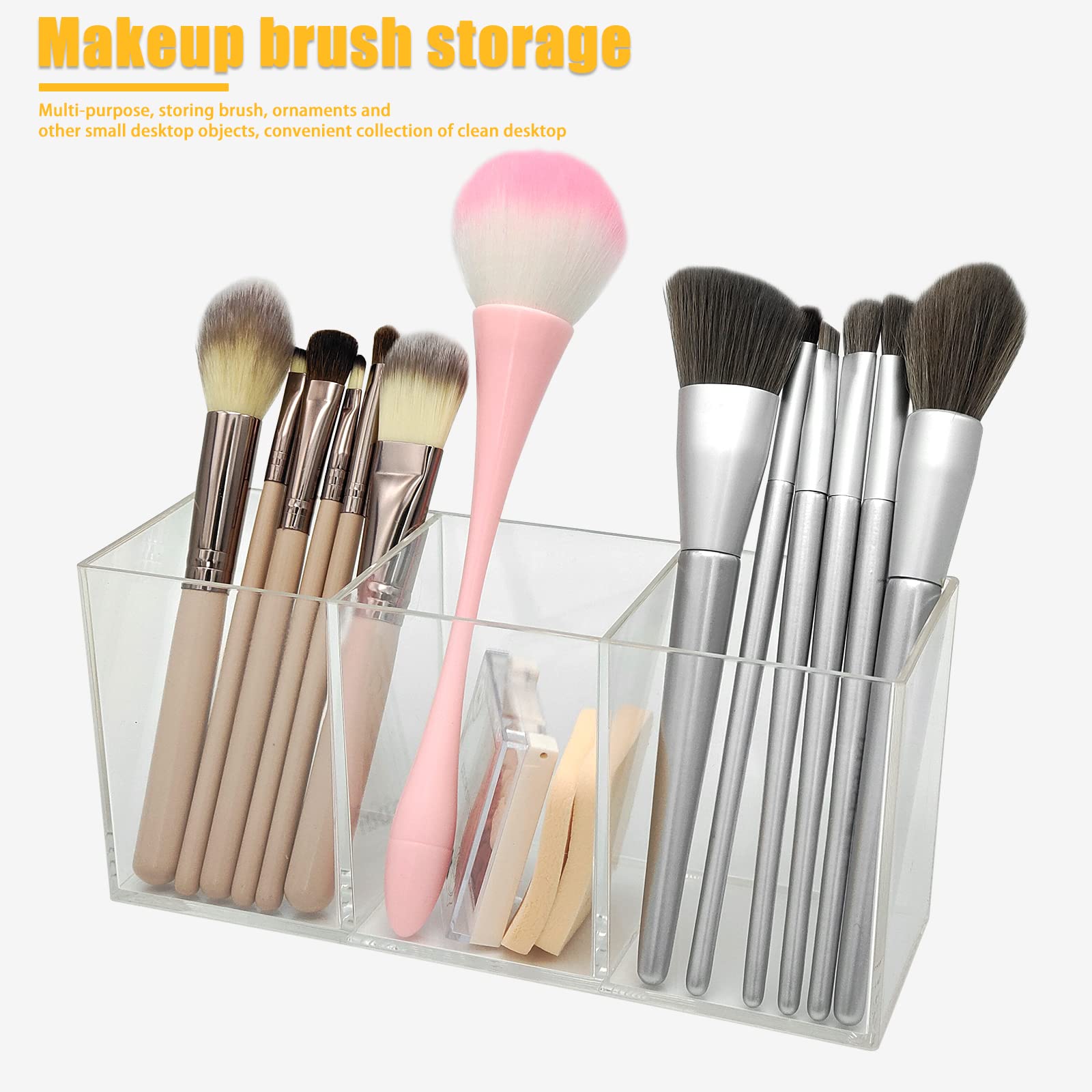 Clear Acrylic Makeup Brush Organizer - 3-Slot Cosmetic Brush Storage Holder with Pencil Pen Compartment | Perfect for Vanity, Desk Organization & Beauty Accessories Storage