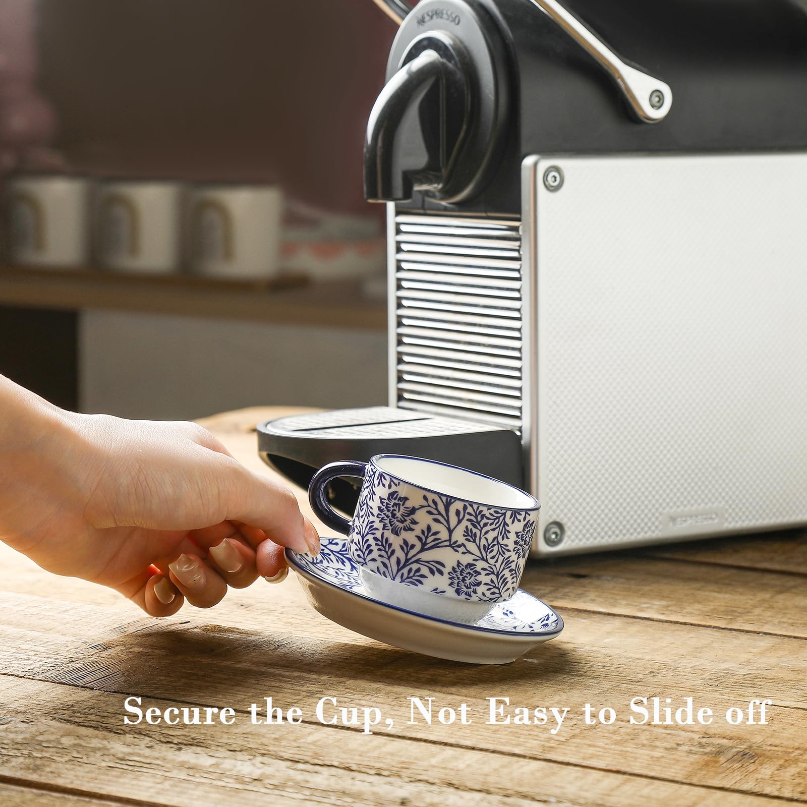 Selamica 6-Piece Vintage Blue Ceramic Espresso Cup Set with Saucers & Metal Stand - 2.5 oz Stackable Demitasse Cups for Latte, Coffee, Café Mocha & Tea - Perfect for Home Coffee Bars, Italian Restaurants & Gift Giving
