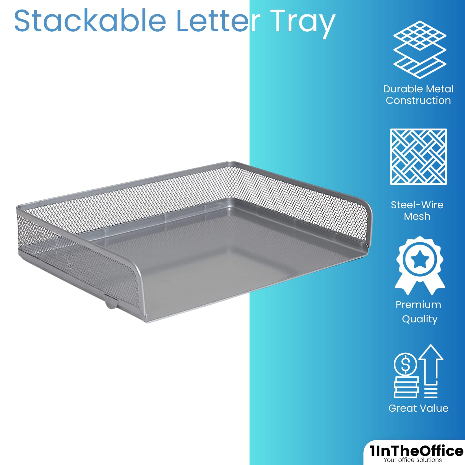 1InTheOffice Desk Tray & Letter Organizer - Stackable Side Load Silver Mesh File Holder (2 Pack) - Perfect for Home Office, School, or Workspace Organization