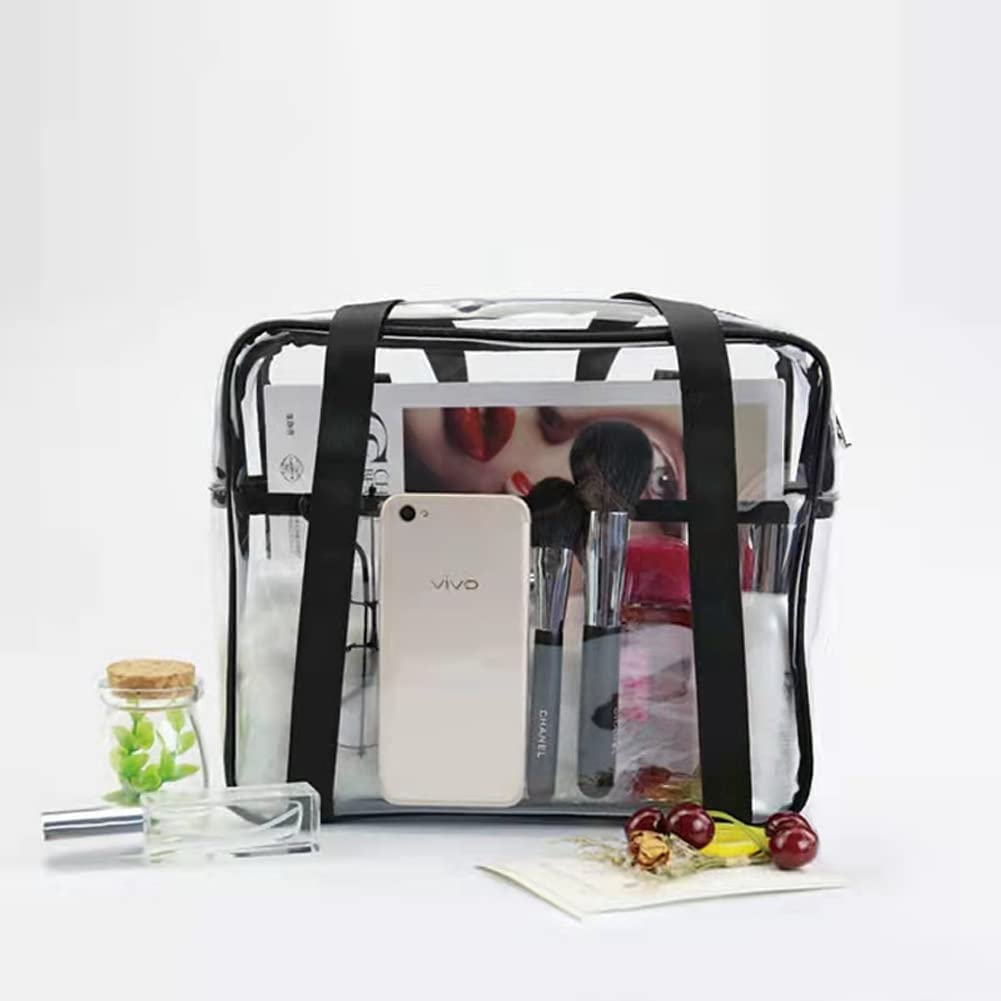 SxoSyo Large Clear Makeup Bag for Women - Transparent Travel Toiletry Organizer with Handle, Waterproof Cosmetic Storage Pouch (Black) | Perfect for Bathroom Organization, Gym Essentials & Airplane Carry-on