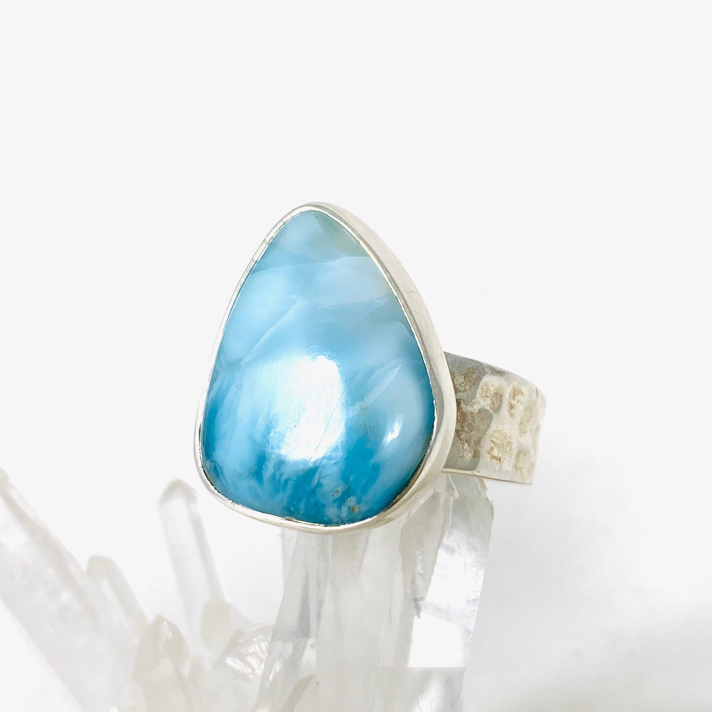 Larimar Triangular Ring with Hammered Band - Size 11 Sterling Silver Jewelry KRGJ3100 | Perfect for Boho Fashion, Beach Weddings & Unique Gift Giving