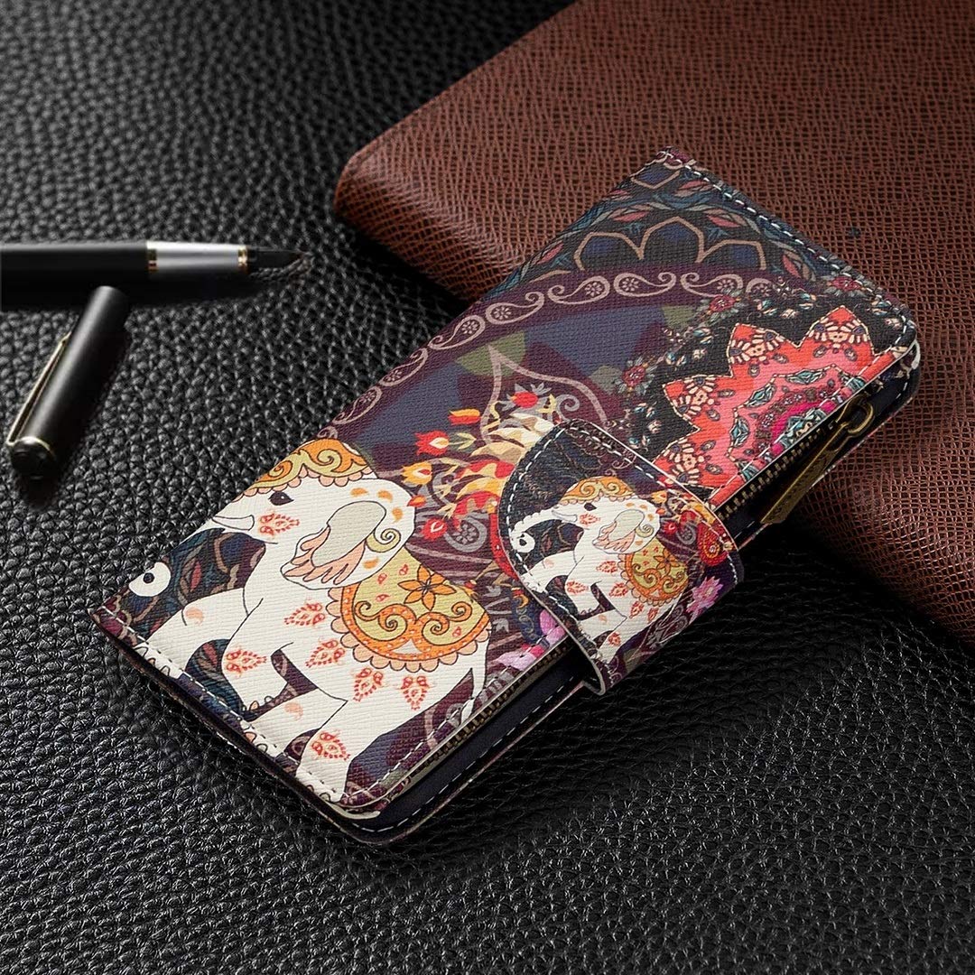 Premium Leather Flip Wallet Case for Xiaomi Redmi 8A - Stylish Zipper Design with Card Slots & Holder (Flower Elephants Pattern) | Perfect for Daily Use, Travel & Business Meetings