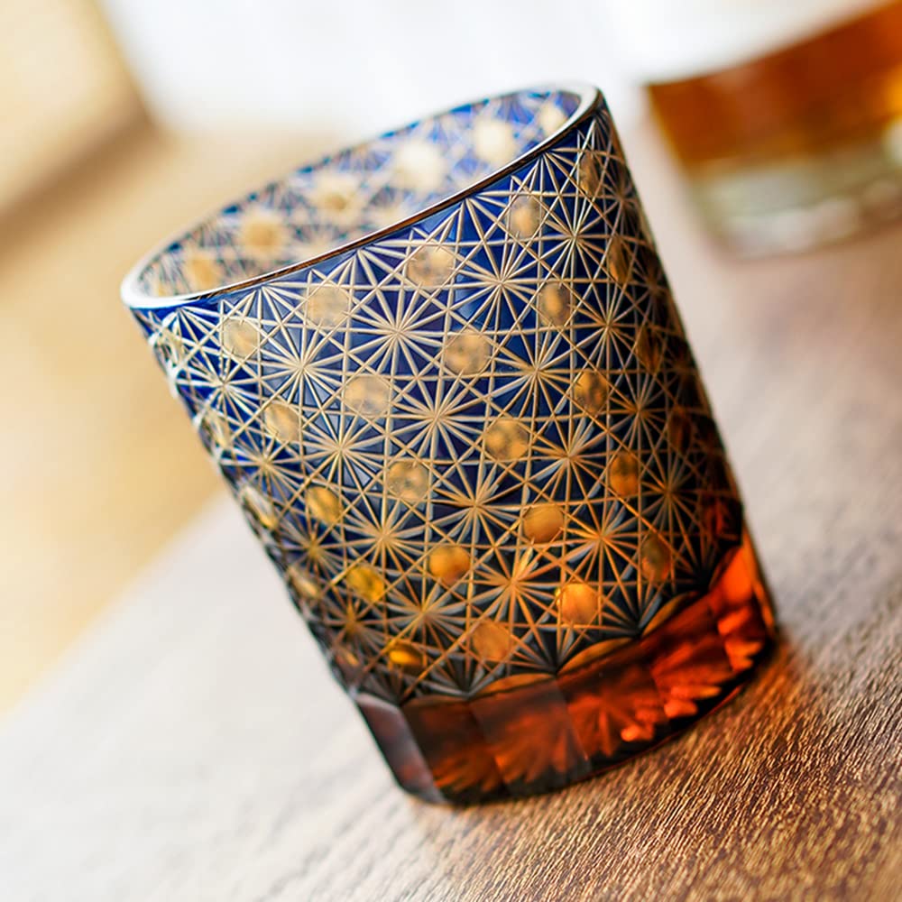 Premium Hand-Cut 8oz Amber & Blue Crystal Old Fashioned Whiskey Glasses Set with Gift Box - Elegant Barware for Cocktails, Bourbon, Scotch & Home Entertaining