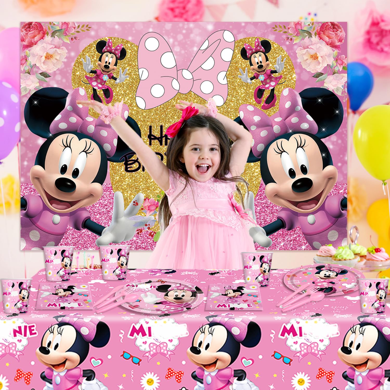 Pink Mouse Party Tableware Set - 6x4ft Backdrop, Dinner Plates, Dessert Plates, Paper Cups, Forks, Knives, Spoons, Napkins & Tablecloth - Perfect for Birthday Parties, Baby Showers & Themed Events