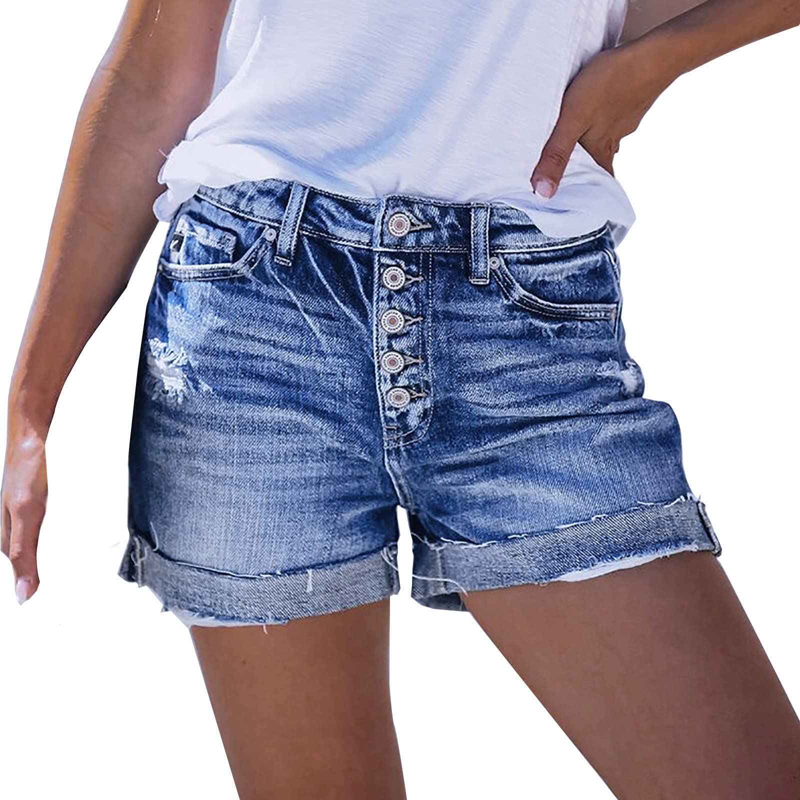 Women's Ripped Denim Shorts - Mid Rise Stretchy for Summer | Casual & Dressy Outfits