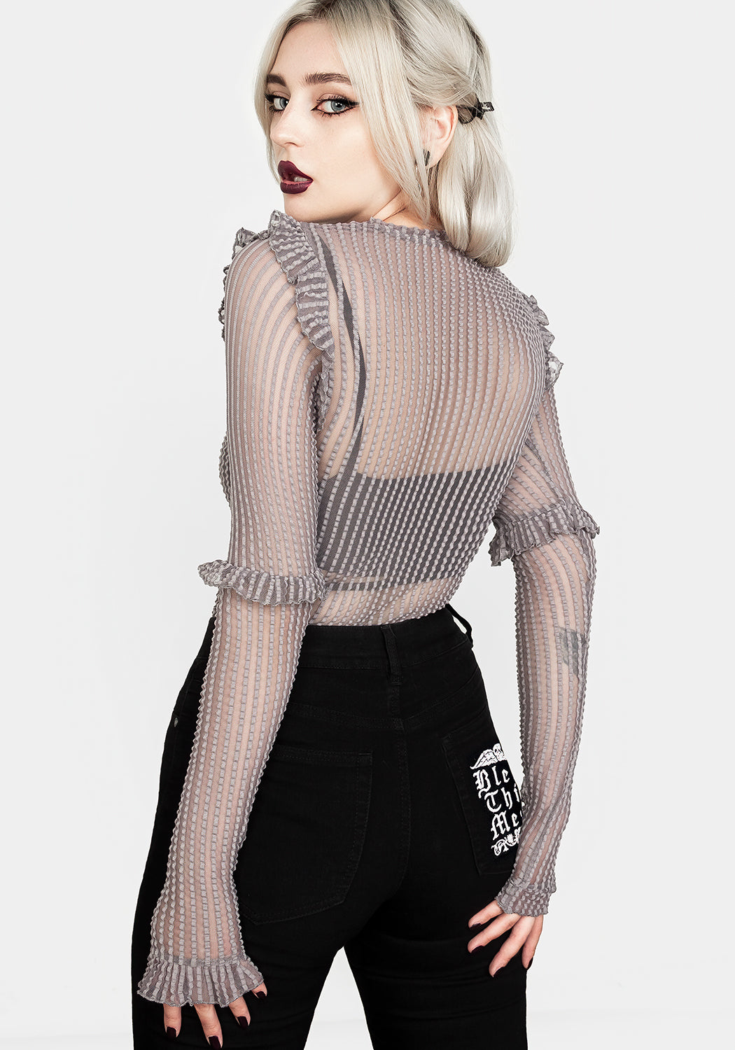 Elegant Mourning Ruffle Top in Ghost Grey - Perfect for Gothic Fashion, Halloween Costumes & Dark Aesthetic Outfits