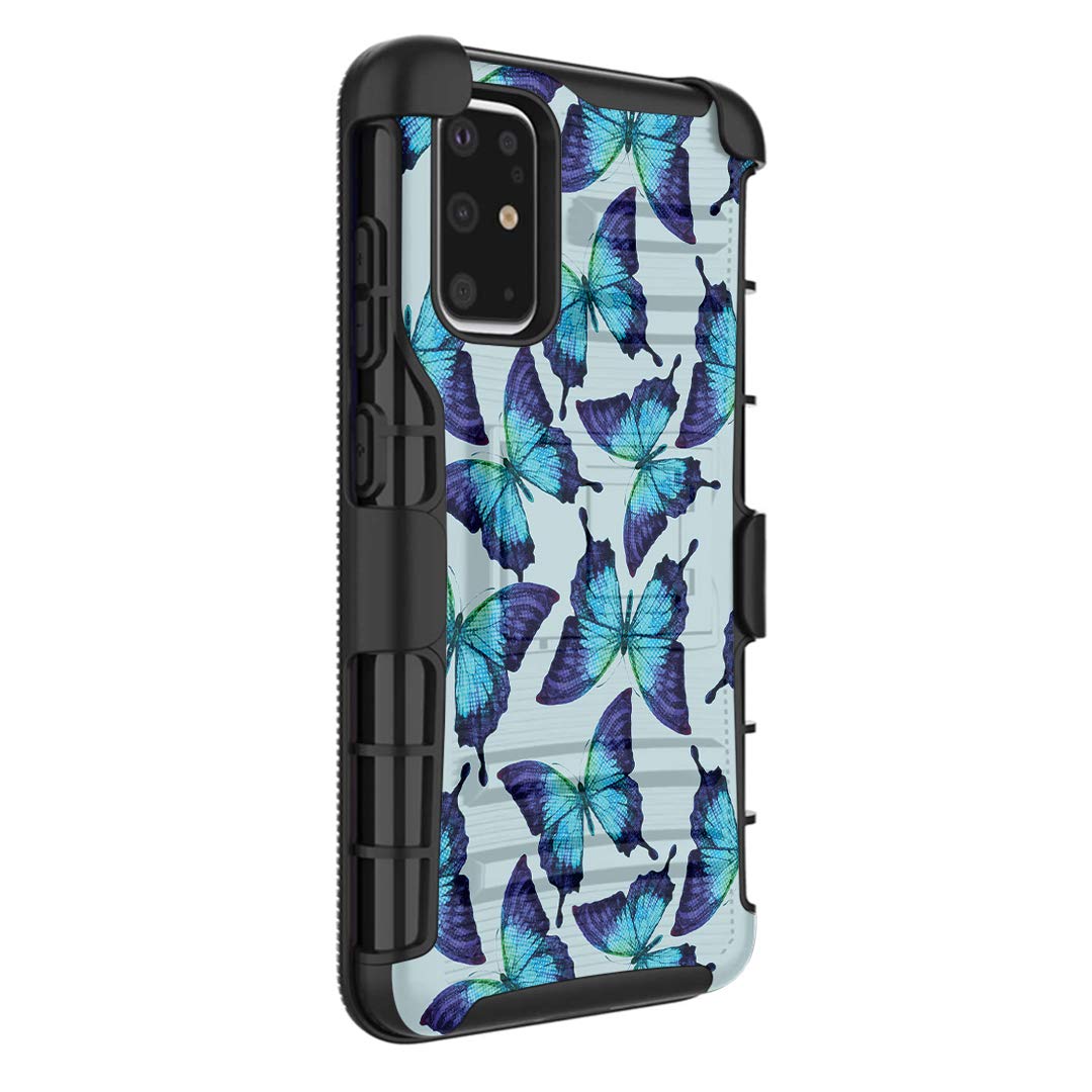 Armor Layer Shockproof Case for Samsung Galaxy S20 5G with Kickstand & Belt Clip - Blue Butterfly Pattern for Outdoor Protection