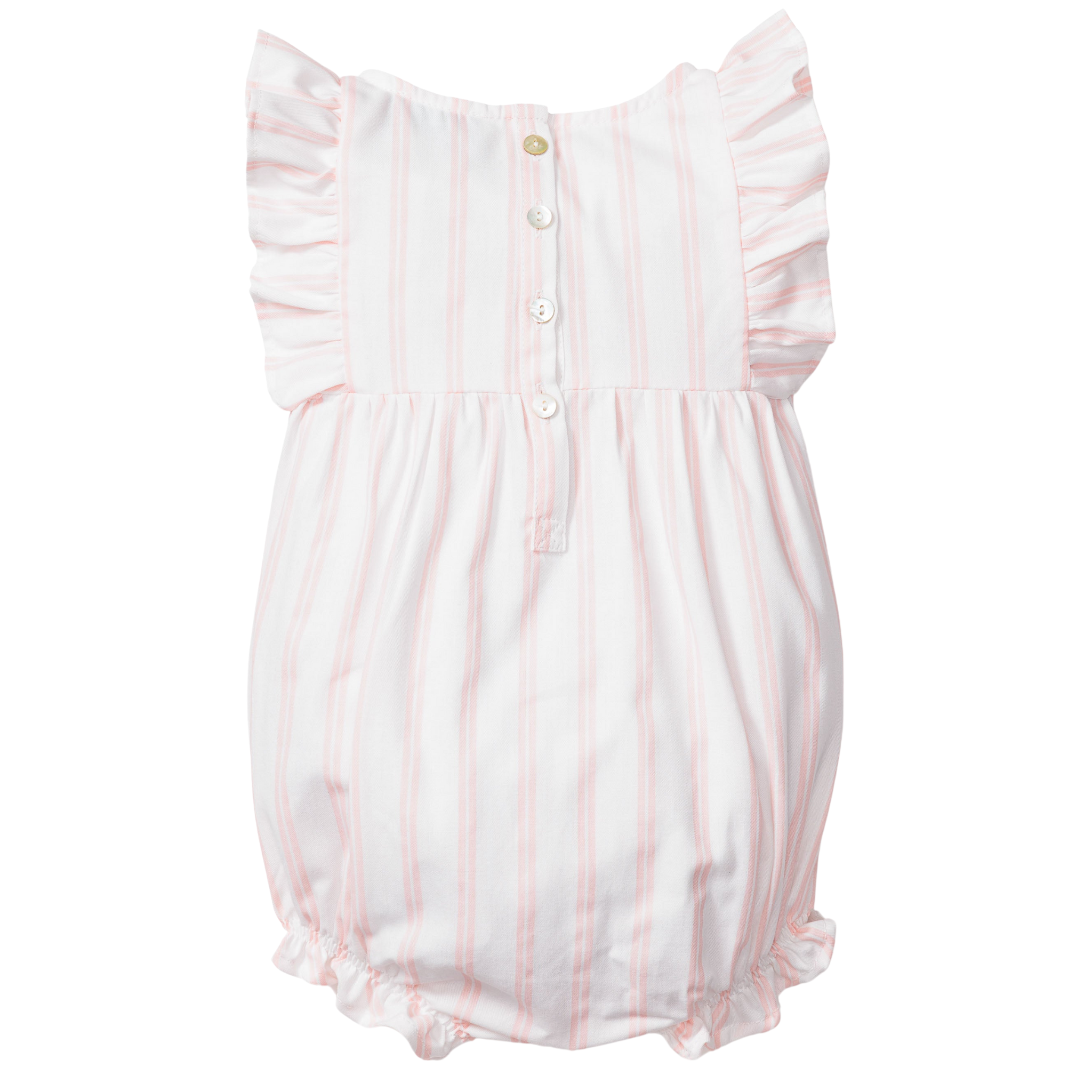 Pink and White Striped Baby Twill Romper with Ruffles - Soft & Comfortable Outfit for Newborns, Infants - Perfect for Playdates, Photo Shoots & Special Occasions