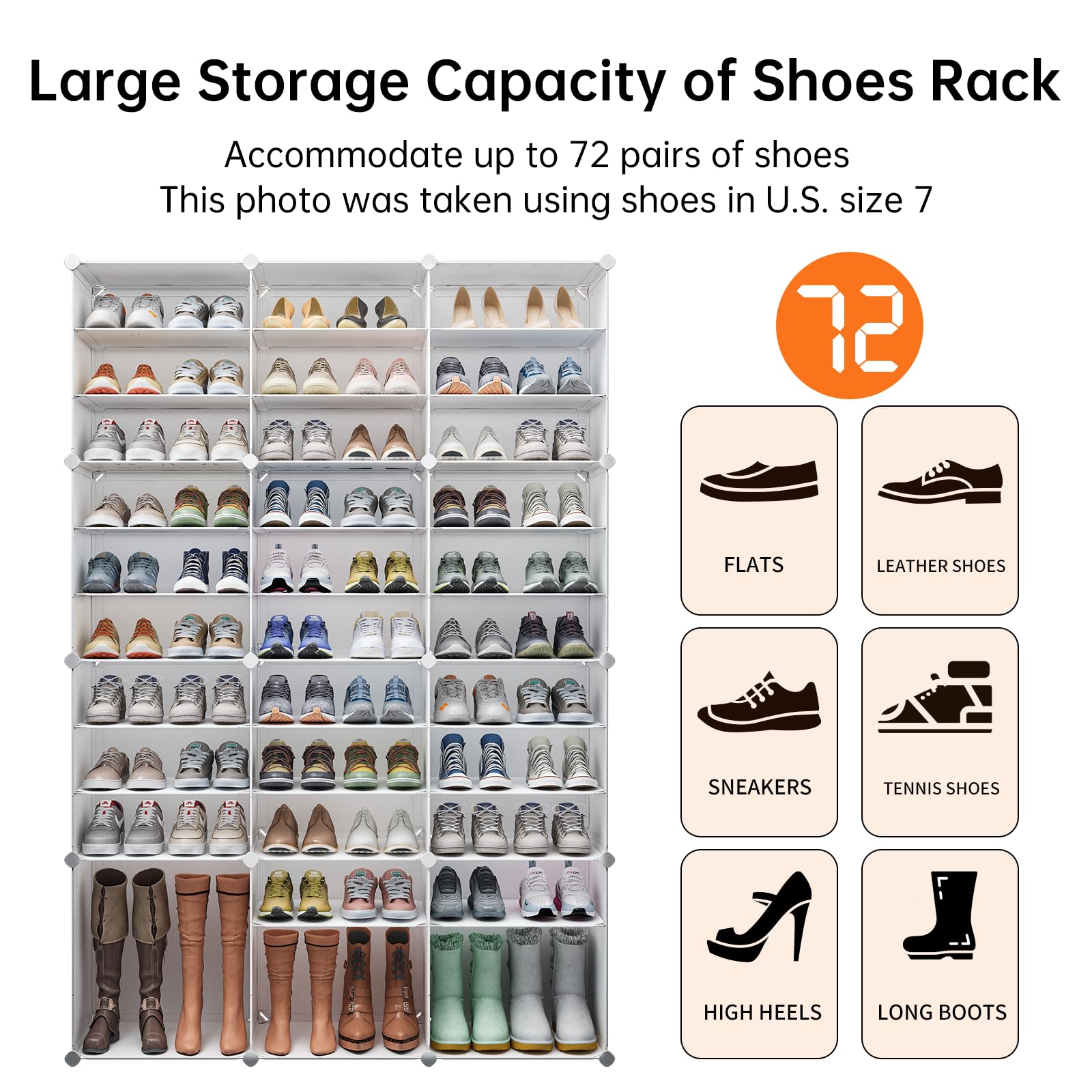 MAGINELS 72 Pairs Shoe Rack Organizer - Large Tall Shoe Storage Cabinet with Shelves for Closet, Bedroom, Hallway - White (48x12x72 inches) | Perfect for Organizing Shoes in Living Room, Entryway & Small Spaces