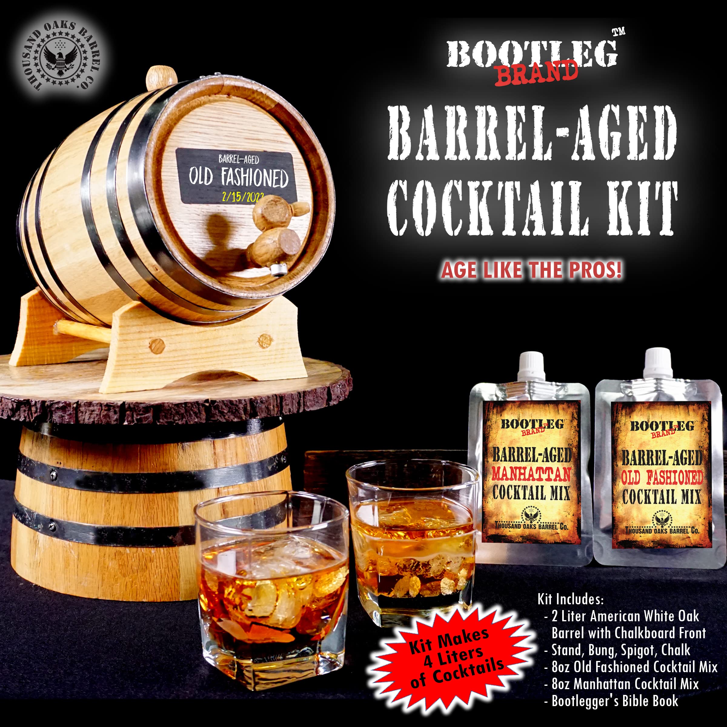 2L Whiskey Barrel Cocktail Aging Kit - Mini Oak Bourbon Barrel with Chalkboard Front, Stand, Spigot & Cocktail Mix - Perfect for Home Bar, Whiskey Making & Unique Gifts for Men - DIY Cocktail Infusion & Bourbon Aging Set for Whiskey Lovers