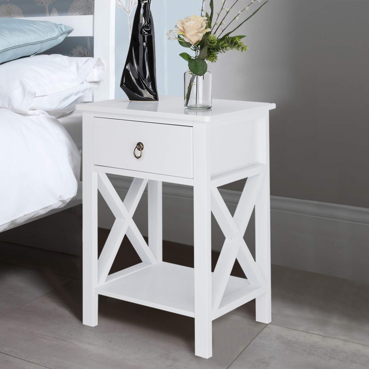 Modern Nightstand with Storage Shelf & Bin Drawer - Compact Side Table for Small Spaces - Perfect for Bedroom, Living Room, Dorm (Night Stand, End Table, Space-Saving Furniture)