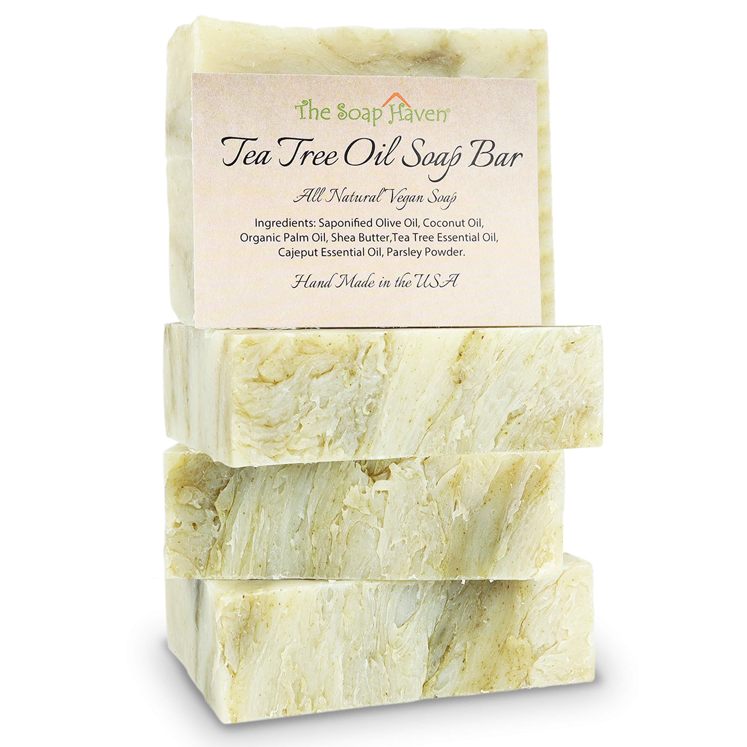 4 Pack Tea Tree Oil Soap Bars with 4 Mesh Soap Saver Bags - Natural Acne Treatment & Exfoliating Body Wash for Clear Skin - Perfect for Shower, Bath, and Travel