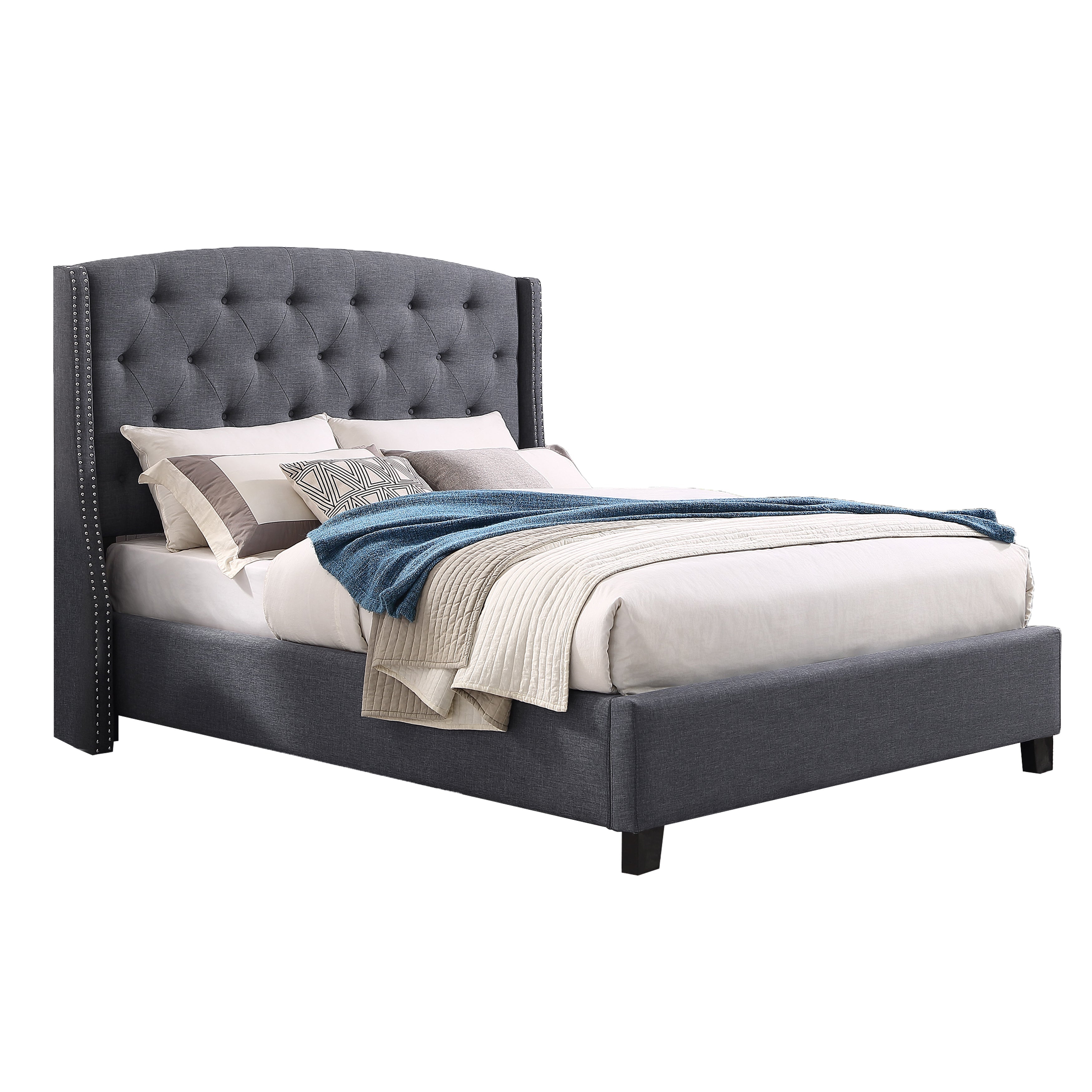 Roundhill Furniture Belize 3-Piece Upholstered Bedroom Set - Tufted Wingback Bed with 2 Nightstands for Master Bedroom & Guest Room Decor
