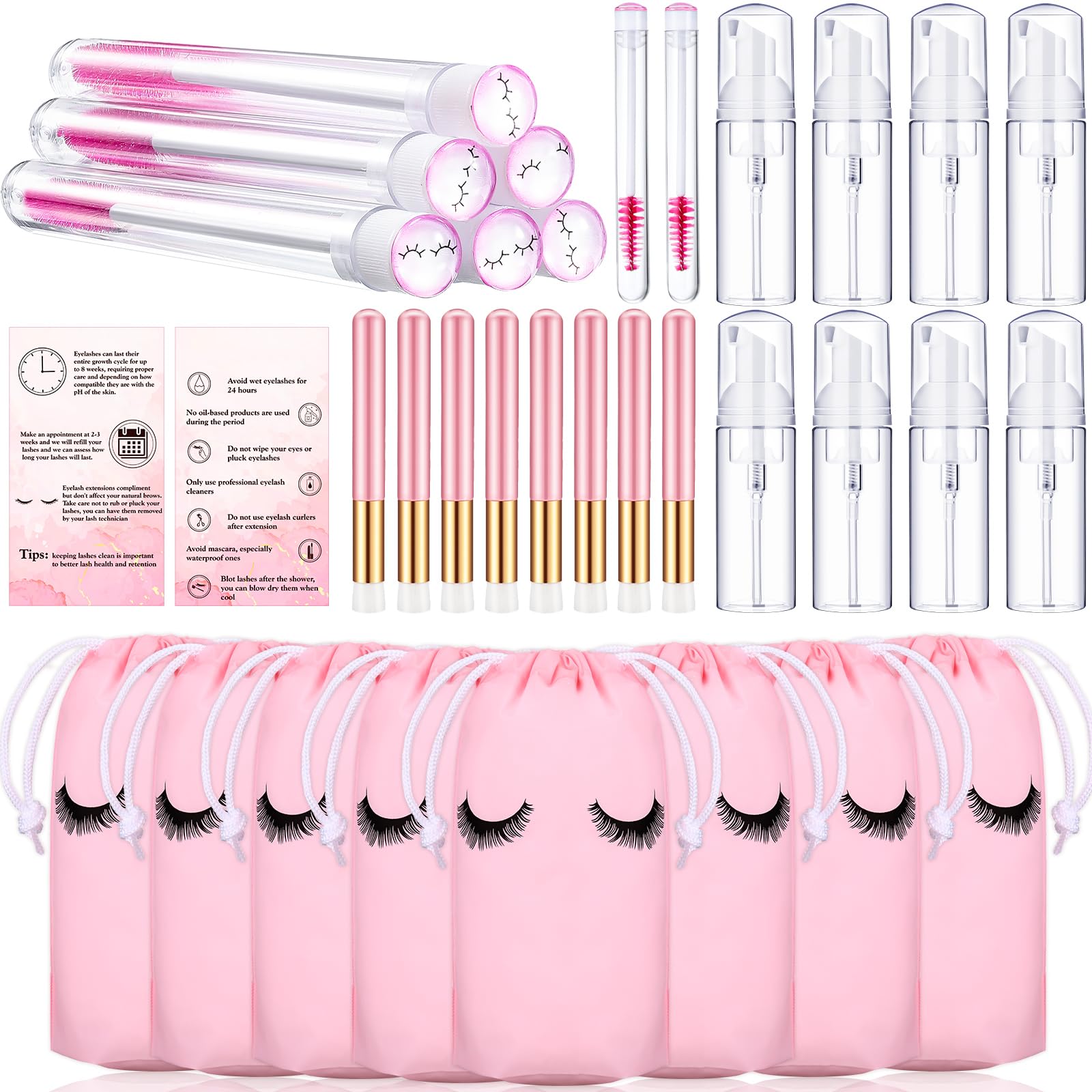 8 Pcs Lash Shampoo Brushes Set with Eyelash Aftercare Kit - Includes 8 Disposable Mascara Brushes, Foam Pump Bottles & Extension Care Cards | Eyelash Extension Aftercare Accessories for Professional & Home Use | Perfect for Salons, DIY Lash Extensions & Makeup Artists