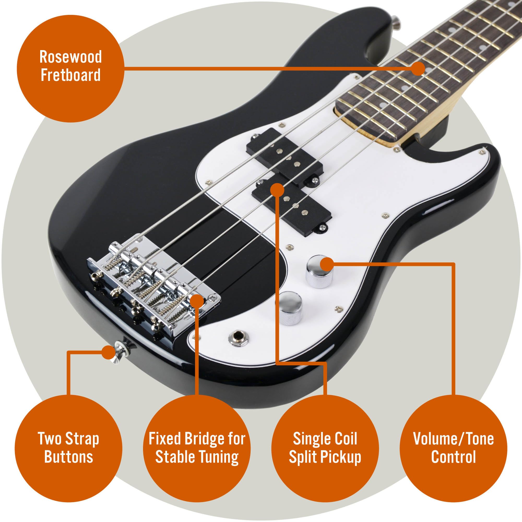 3/4 Size Mini Electric Bass Guitar Beginner Kit with 15W Amplifier, Gig Bag, Cable, Strap, Stand & Spare Strings - Black | Perfect for Beginners, Practice, Home Studio & Live Performances