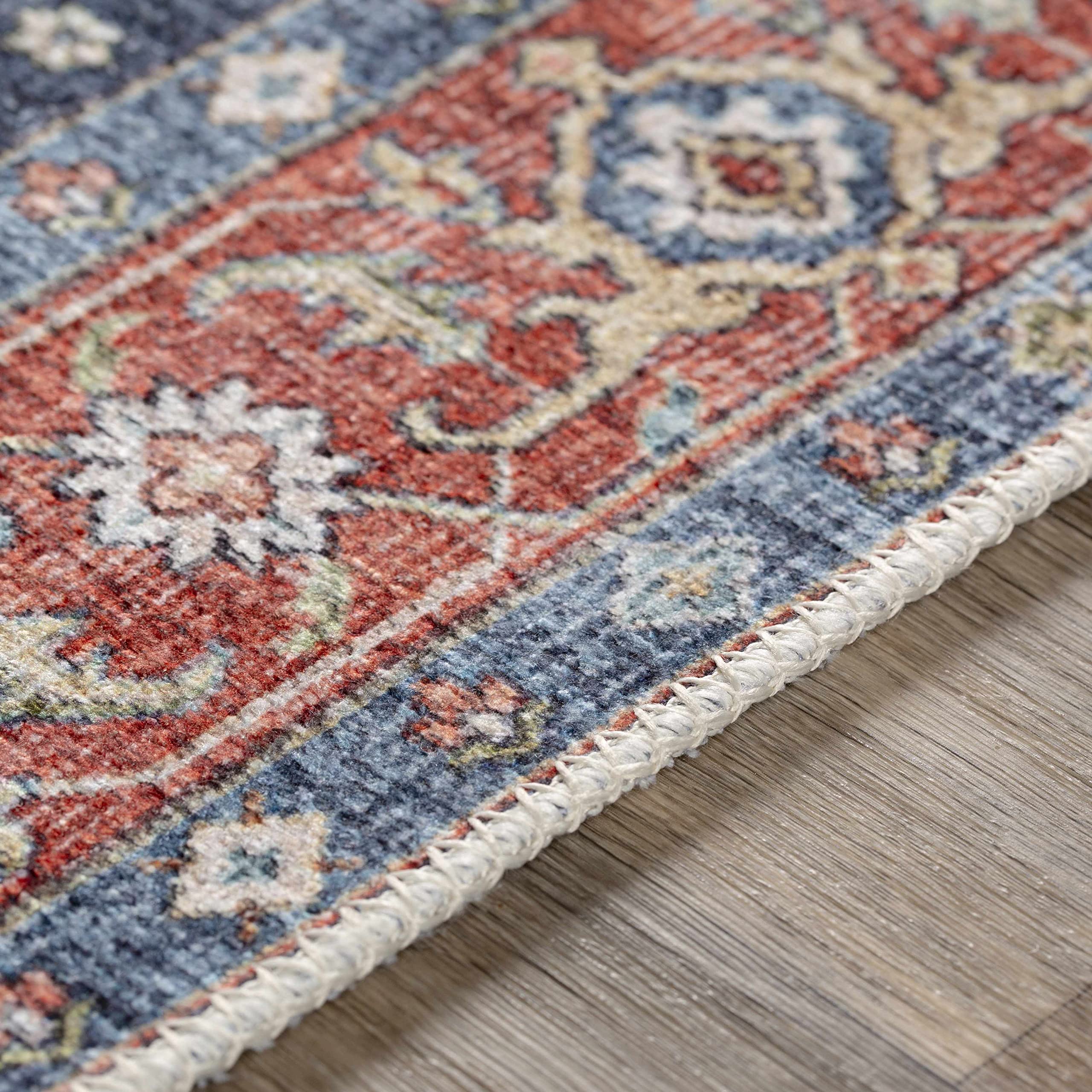 Hauteloom Exira Washable Runner Rug for Hallway & Kitchen - Traditional Design in Blue, Brick Red, Camel - 2'7
