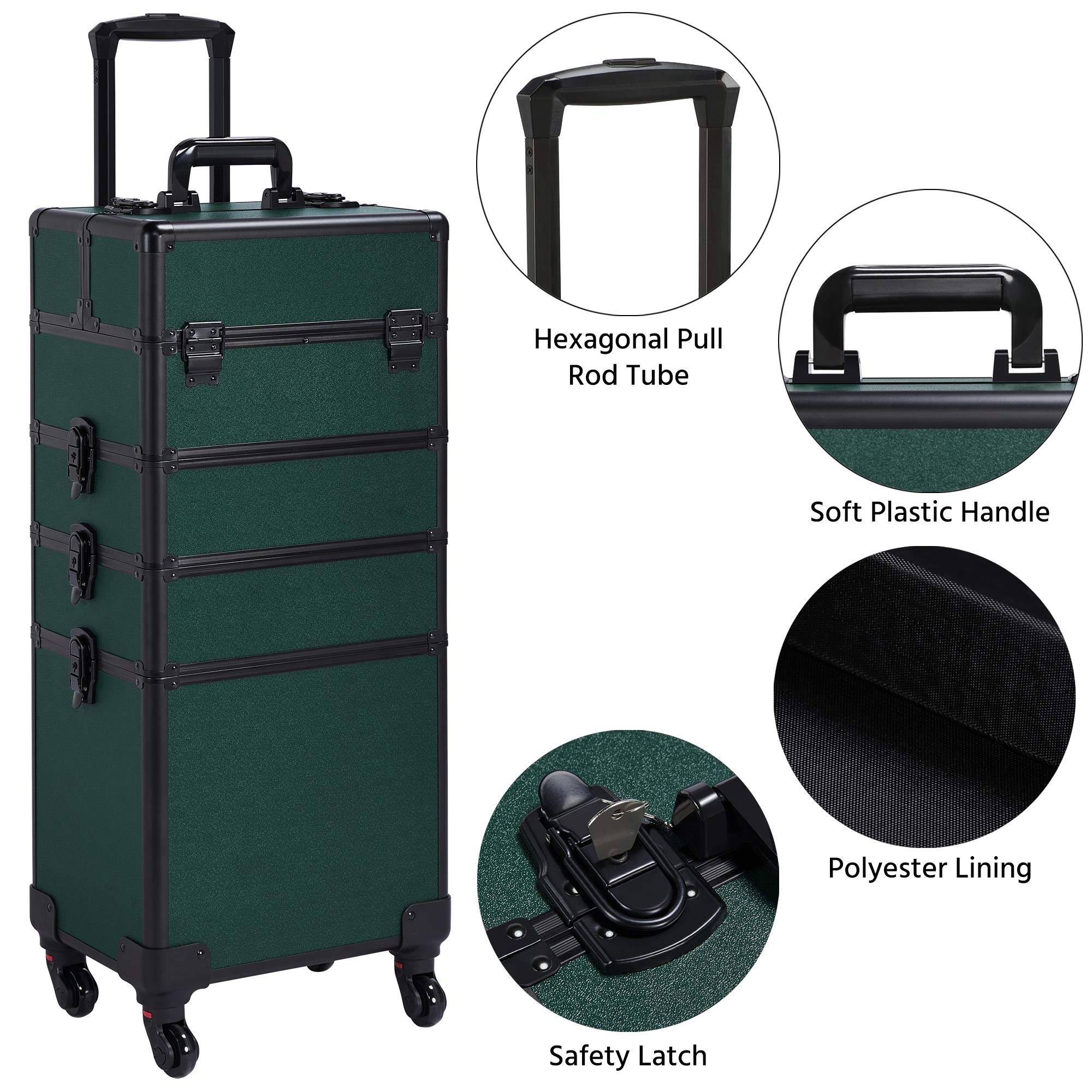 Topeakmart Large 4-in-1 Professional Rolling Makeup Train Case - Cosmetic Storage Organizer with Folding Trays, Wheels & Aluminum Frame (Dark Green) | Perfect for Travel, Salon Professionals & Makeup Artists