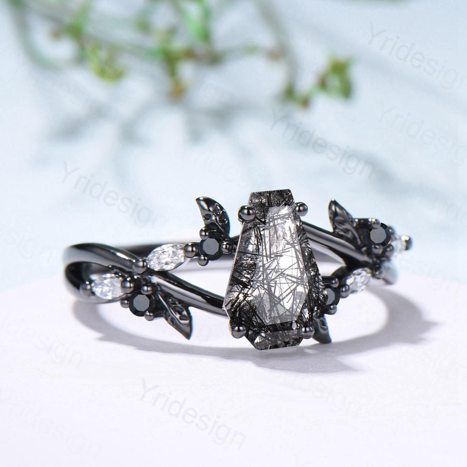 Art Deco Coffin Shape Black Rutilated Quartz Ring - Black Gold Shield Gothic Engagement Ring - Handmade Anniversary & Proposal Gift for Women - Perfect for Weddings, Gothic Fashion & Unique Jewelry Collections