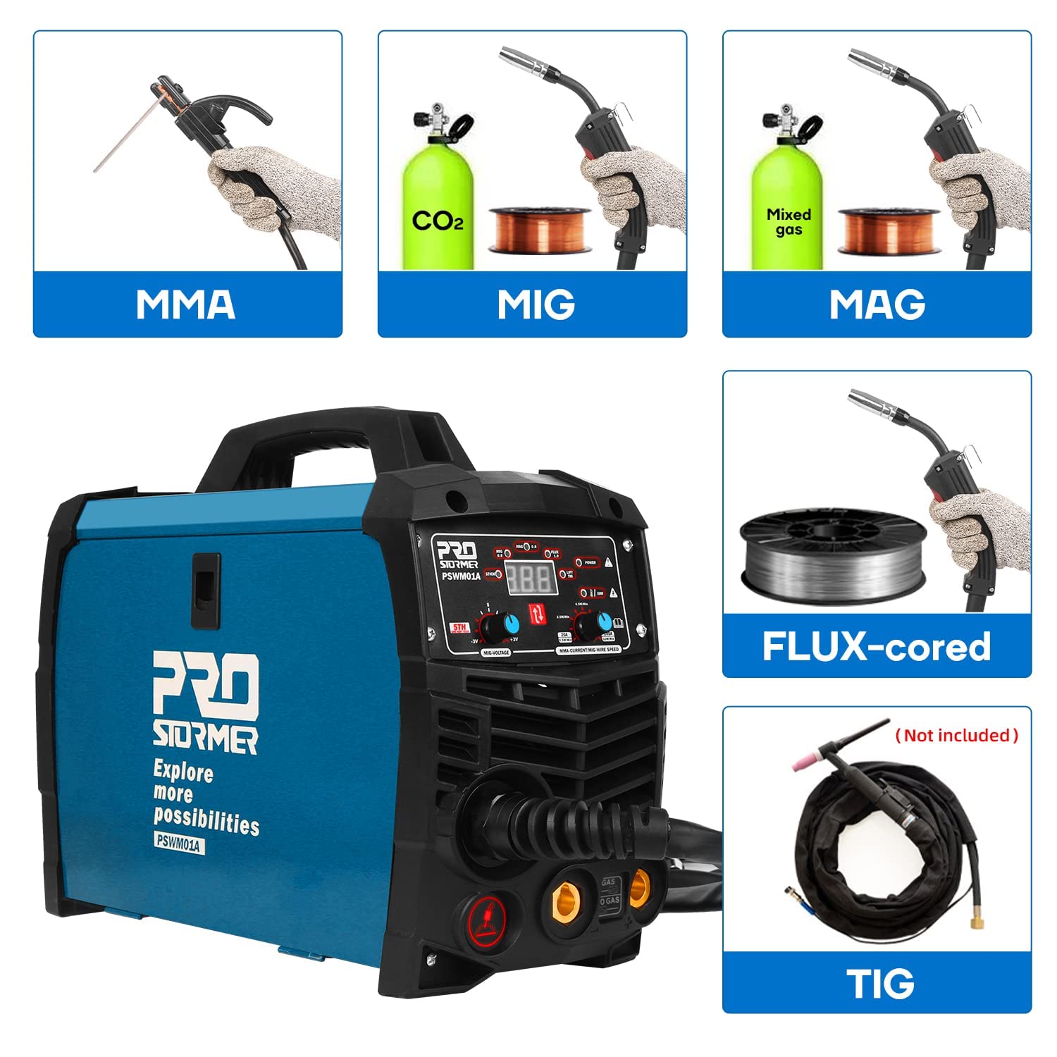 Prostormer 3-in-1 MIG TIG MMA Welding Machine with Digital Display - 200Amp Welder Kit Includes Electrode Holder, Ground Clamp & Power Cable - Perfect for Home DIY, Metal Fabrication & Automotive Repair