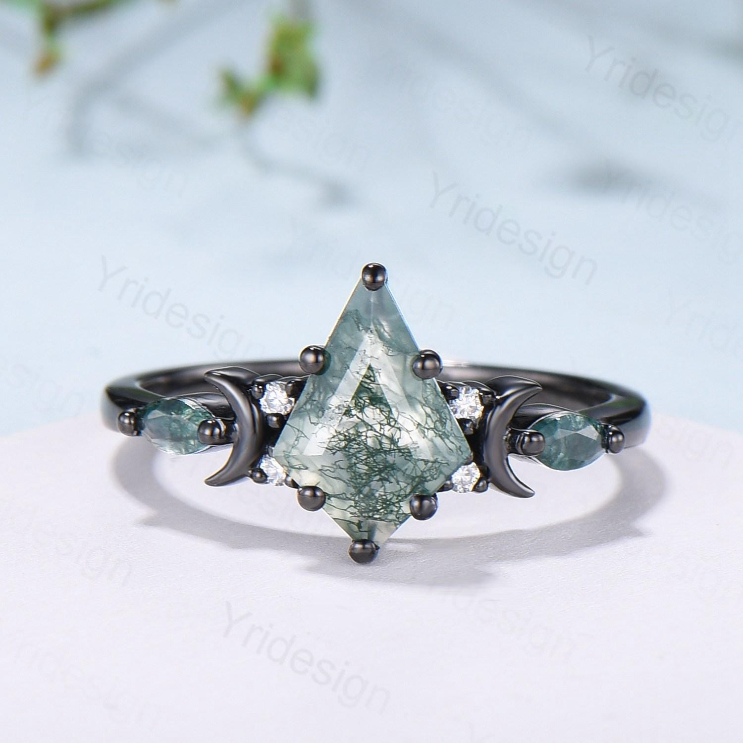 Handmade Black Gold Kite Cut Moss Agate Ring - Unique Crescent Moon Star Engagement Ring, Art Deco Bridal Wedding Set, Anniversary Gift for Her - Perfect for Proposals, Weddings & Romantic Occasions