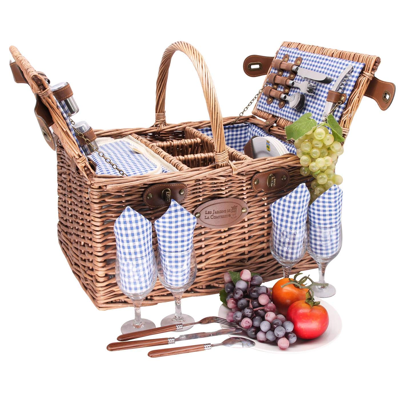 Les Jardins de la Comtesse - Saint Germain Vichy Blue Picnic Basket Set for 4 Persons - Insulated Cooler Compartment, 3 Bottle Holders & Ceramic Plates - 48 x 35 x 26 cm - Perfect for Outdoor Picnics, Beach Trips & Garden Parties