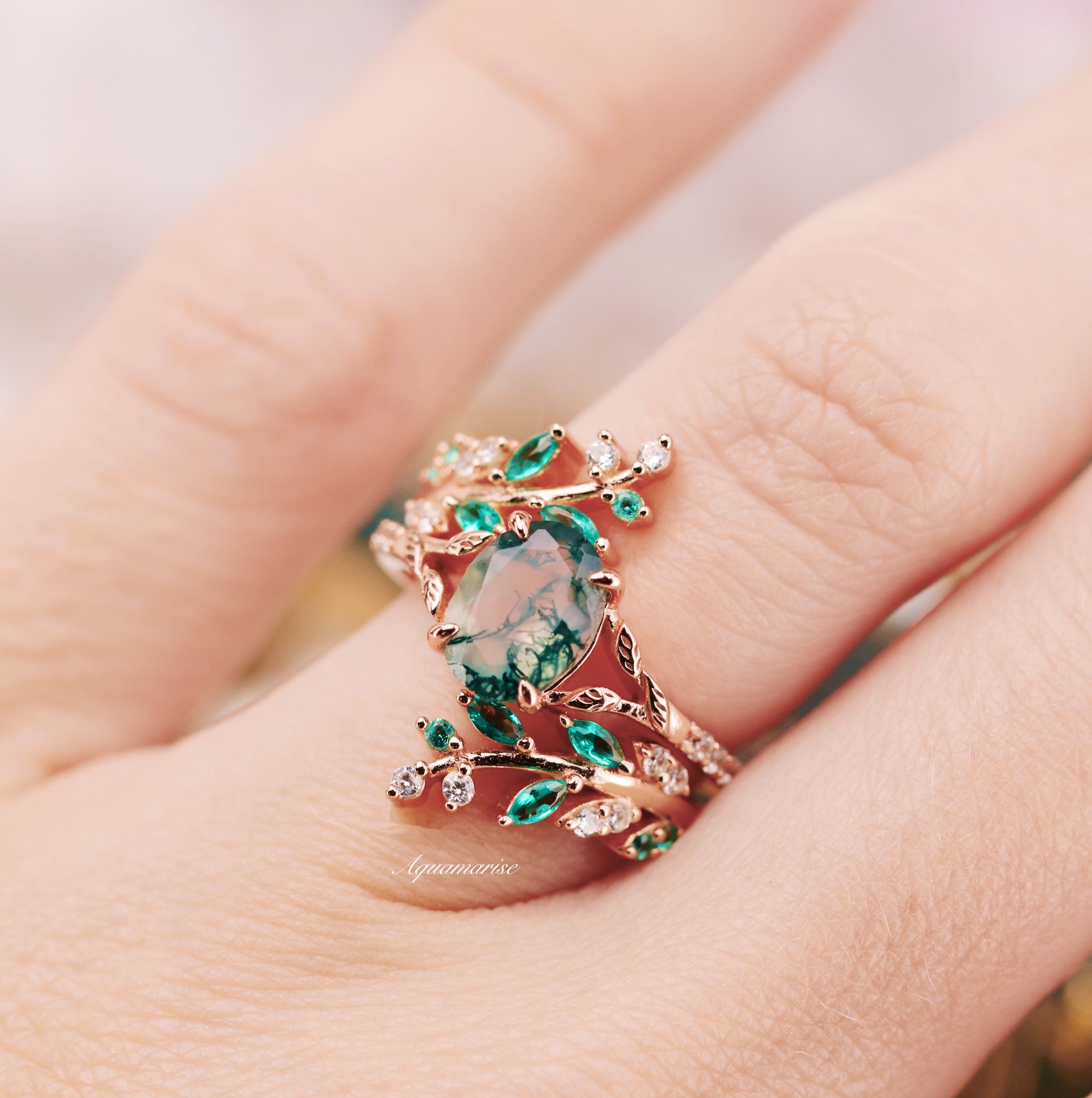14K Rose Gold Vermeil Moss Agate & Emerald Fairy Leaf Ring for Women | Elegant Nature-Inspired Jewelry for Weddings, Parties & Everyday Wear